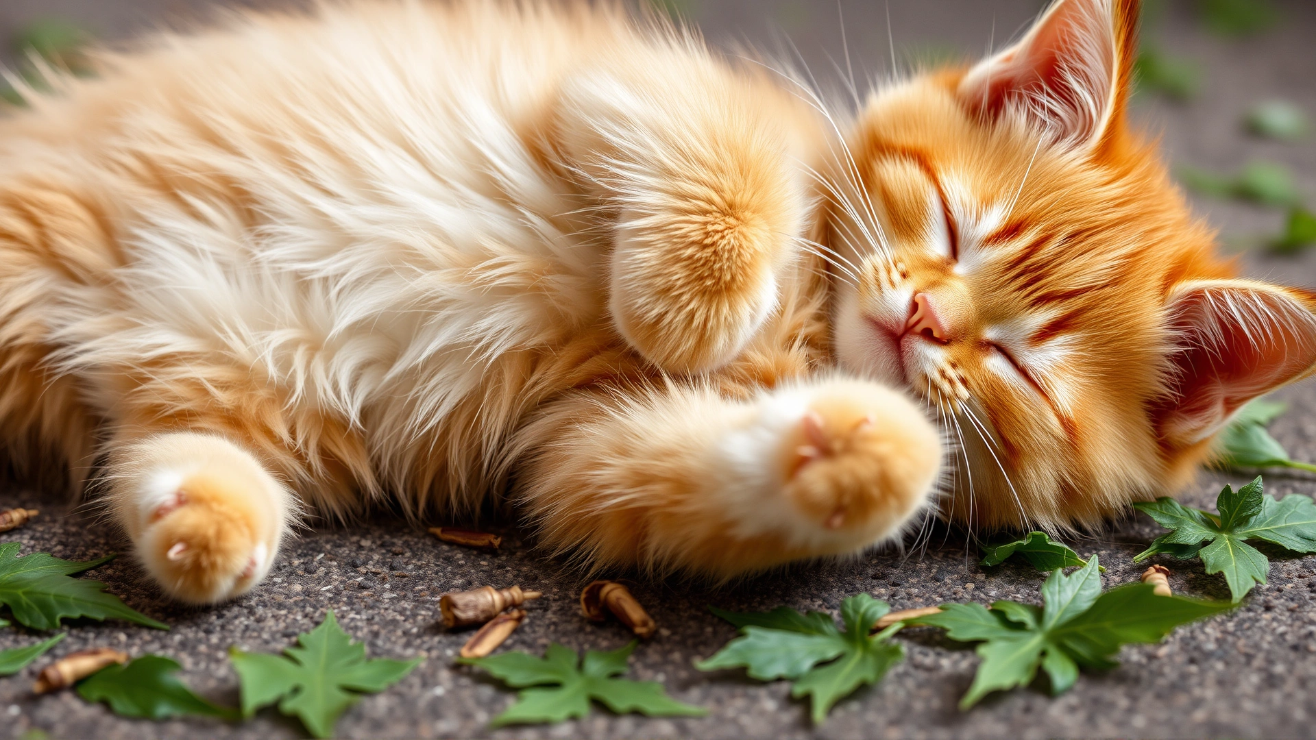 Playful orange kitten rolling on its back next to scattered catnip leaves.