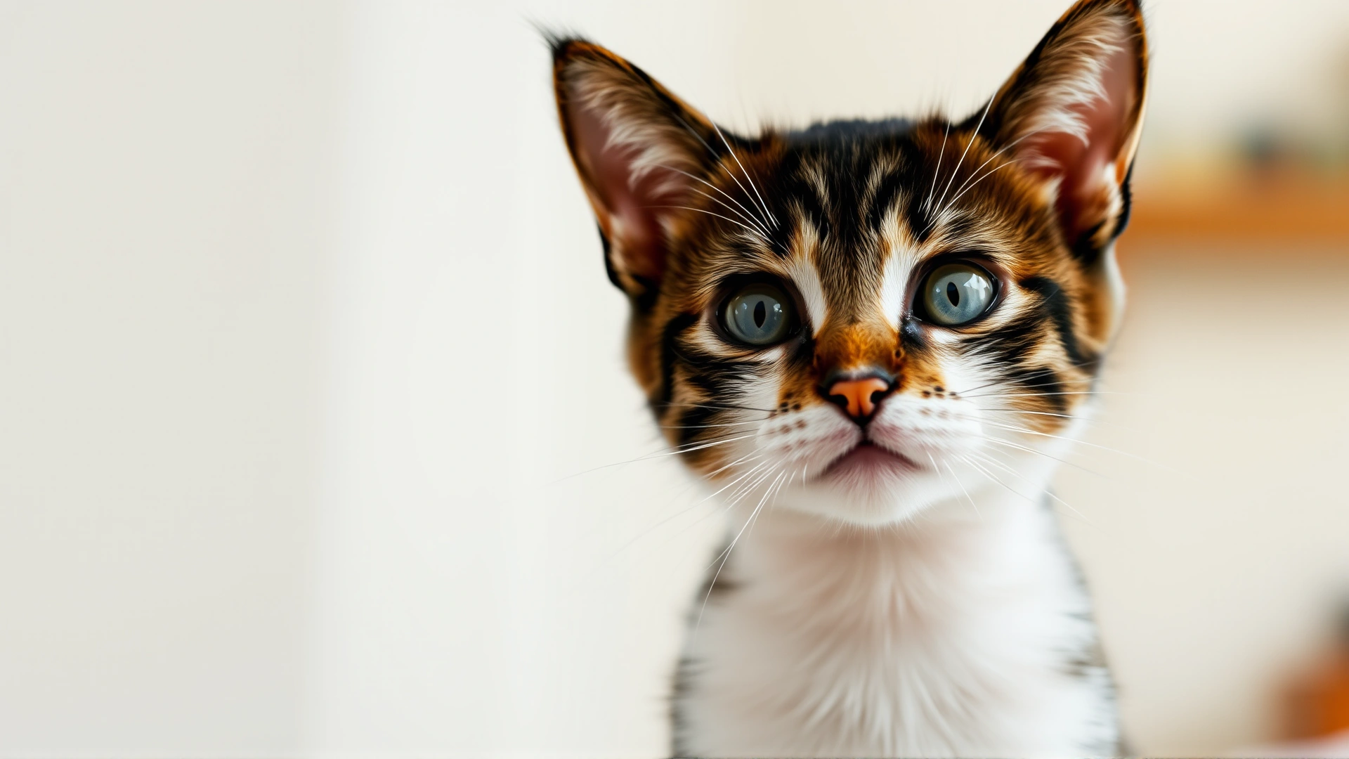 Young domestic short-haired cat tilting its head curiously against a neutral indoor background with soft lighting.