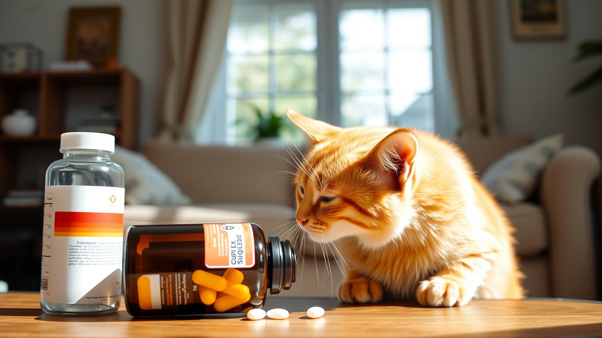 Playful orange tabby cat sniffing an open supplement bottle on a coffee table, bright living room setting, shallow depth of field