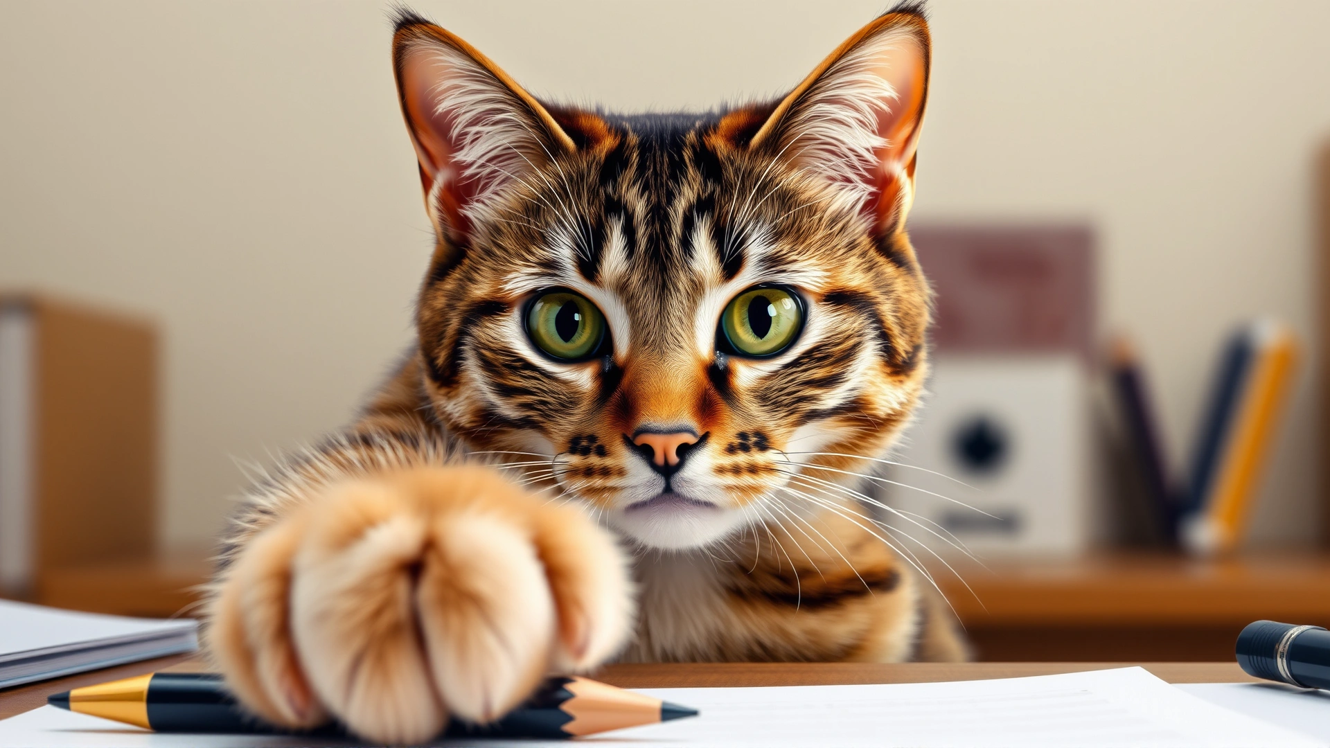 Portrait of a domestic short-hair cat tilting its head inquisitively, paw hovering over a pencil atop a desk, suggesting curiosity.