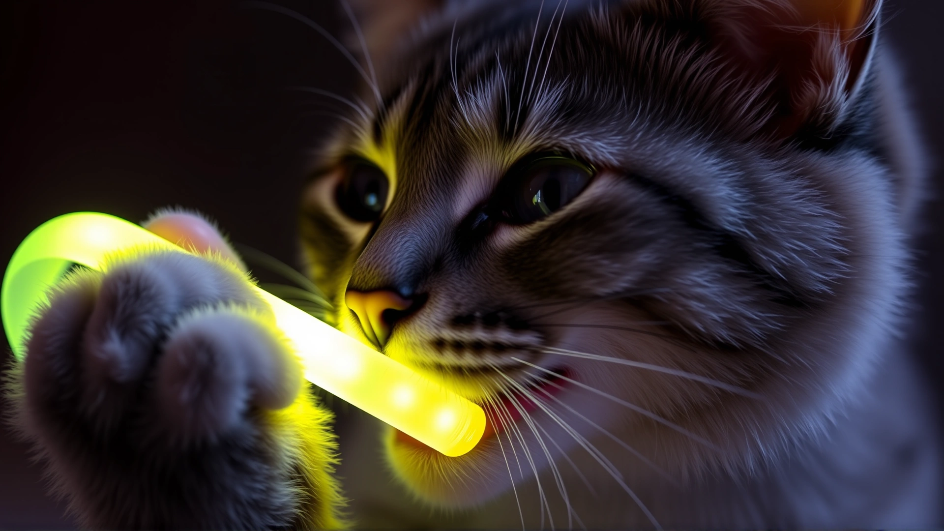 Close-up of a gray tabby cat biting a glow stick bracelet, showing gentle backlight highlighting the glow.