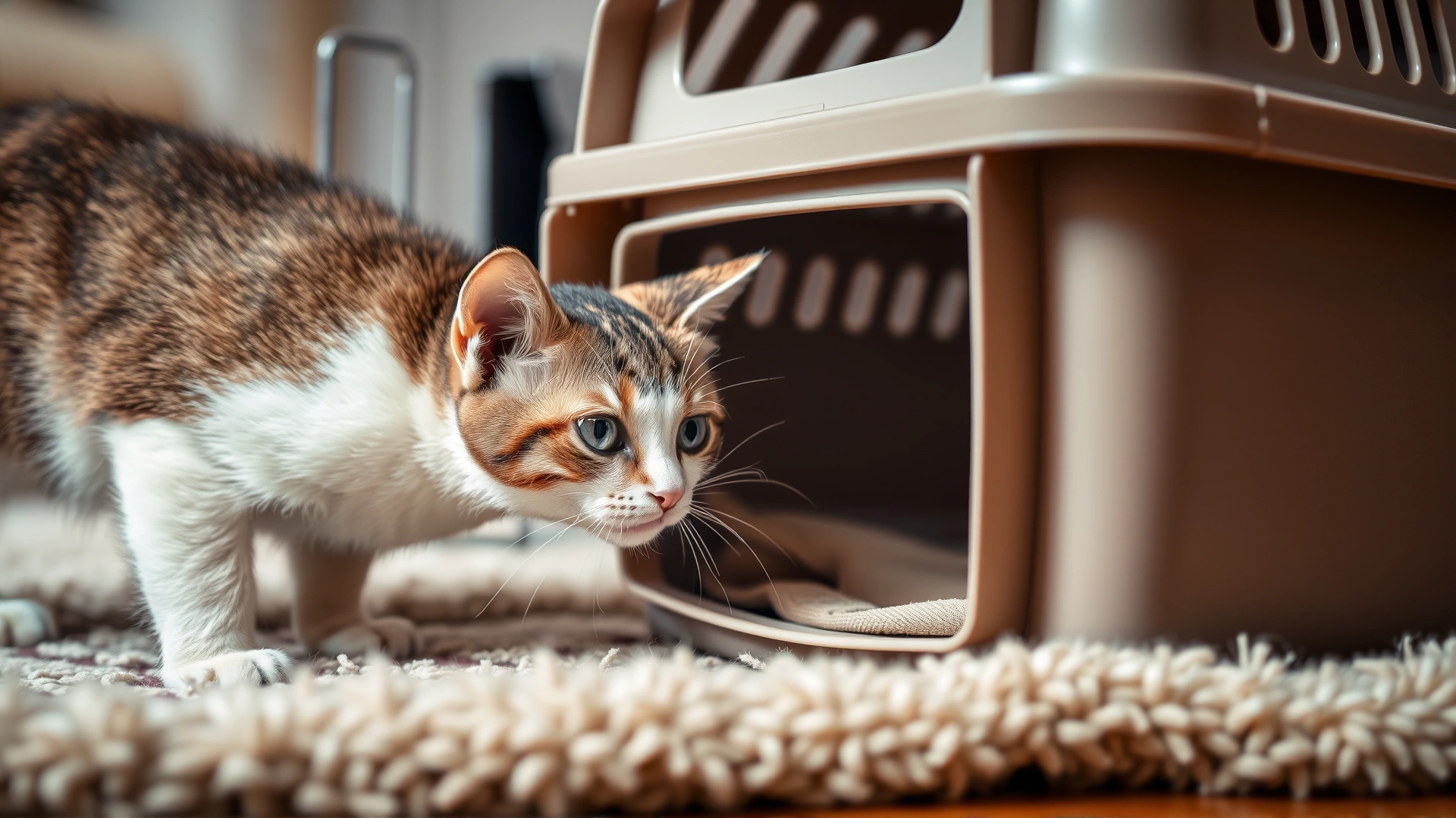 Close-up of a curious cat sniffing the entrance of an open pet carrier placed on a cozy rug, highlighting exploration behavior.