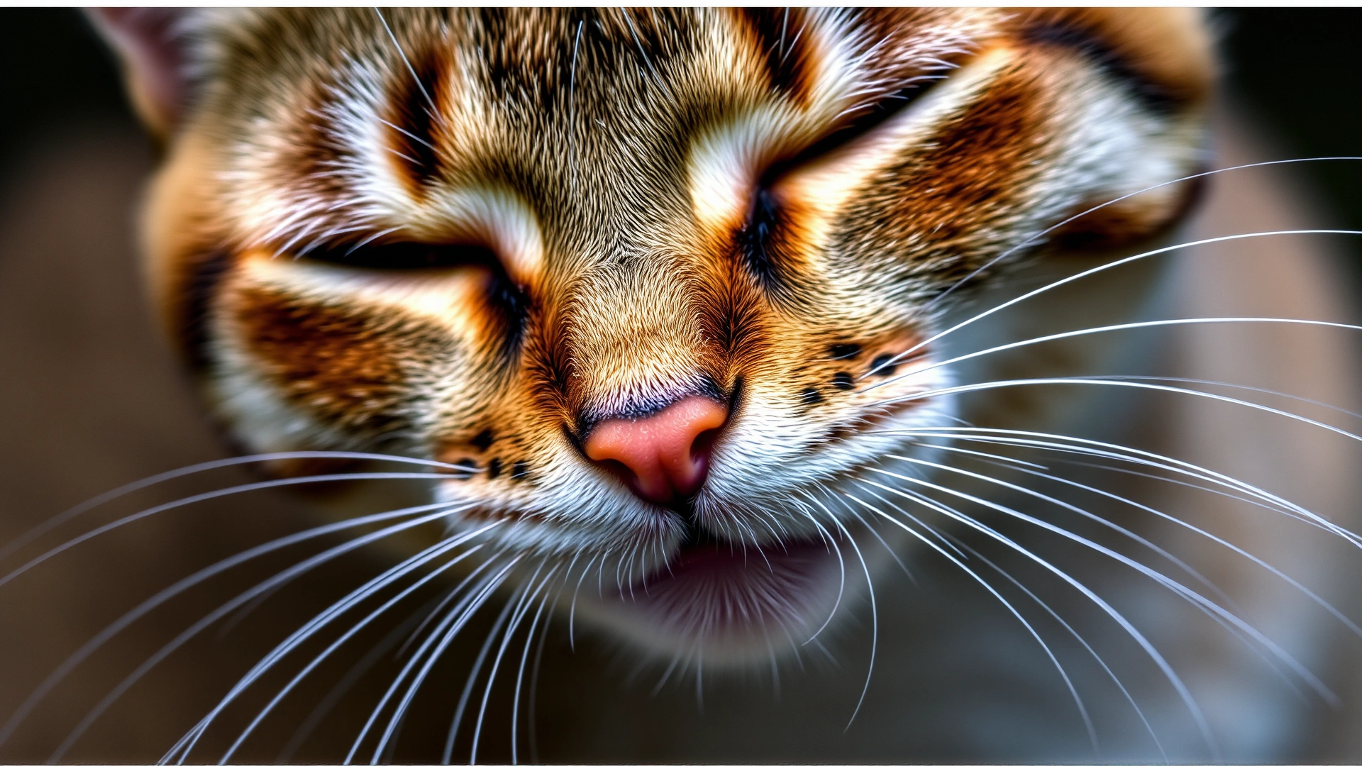 Close-up shot of a cat sniffing the air with its whiskers forward, capturing the importance of smell in feline navigation.
