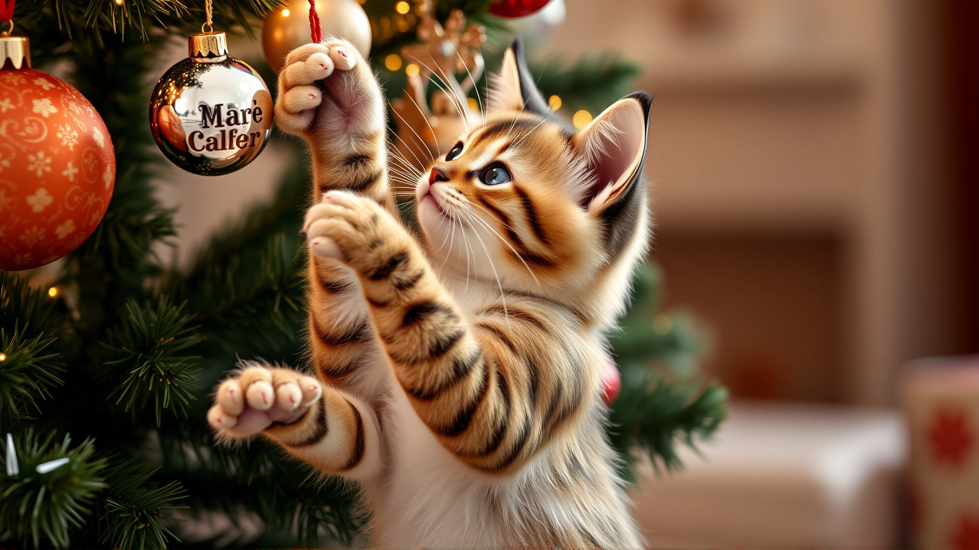 Playful young cat standing on hind legs batting at a shiny ornament on a decorated Christmas tree.