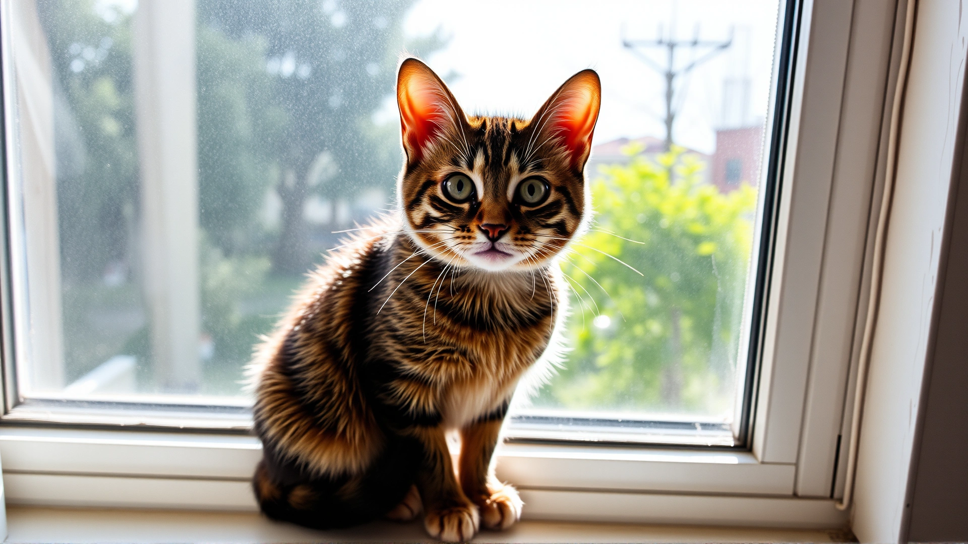 A friendly domestic cat sitting on a windowsill in daylight, gazing curiously toward the camera with alert ears.