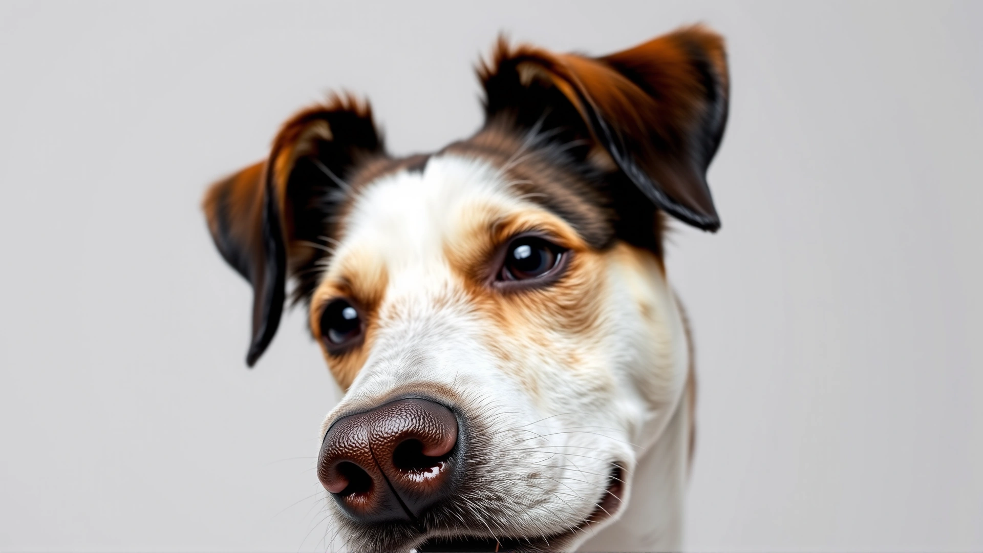 Close-up of a curious healthy dog tilting its head with a neutral background, symbolizing normal body temperature.