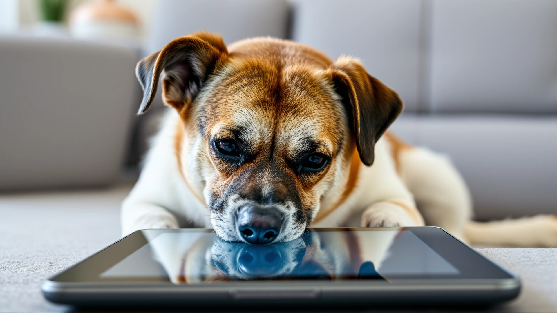 Senior mixed-breed dog sniffing an inactive tablet screen, showing initial exploration phase