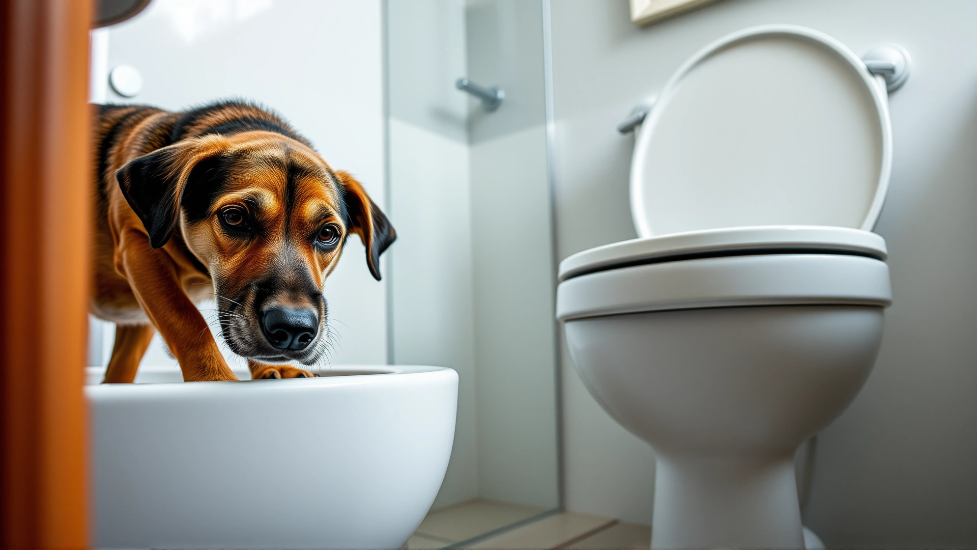A curious medium-sized dog sniffing the edge of a white porcelain toilet in a clean modern bathroom, shot at eye level, natural lighting.
