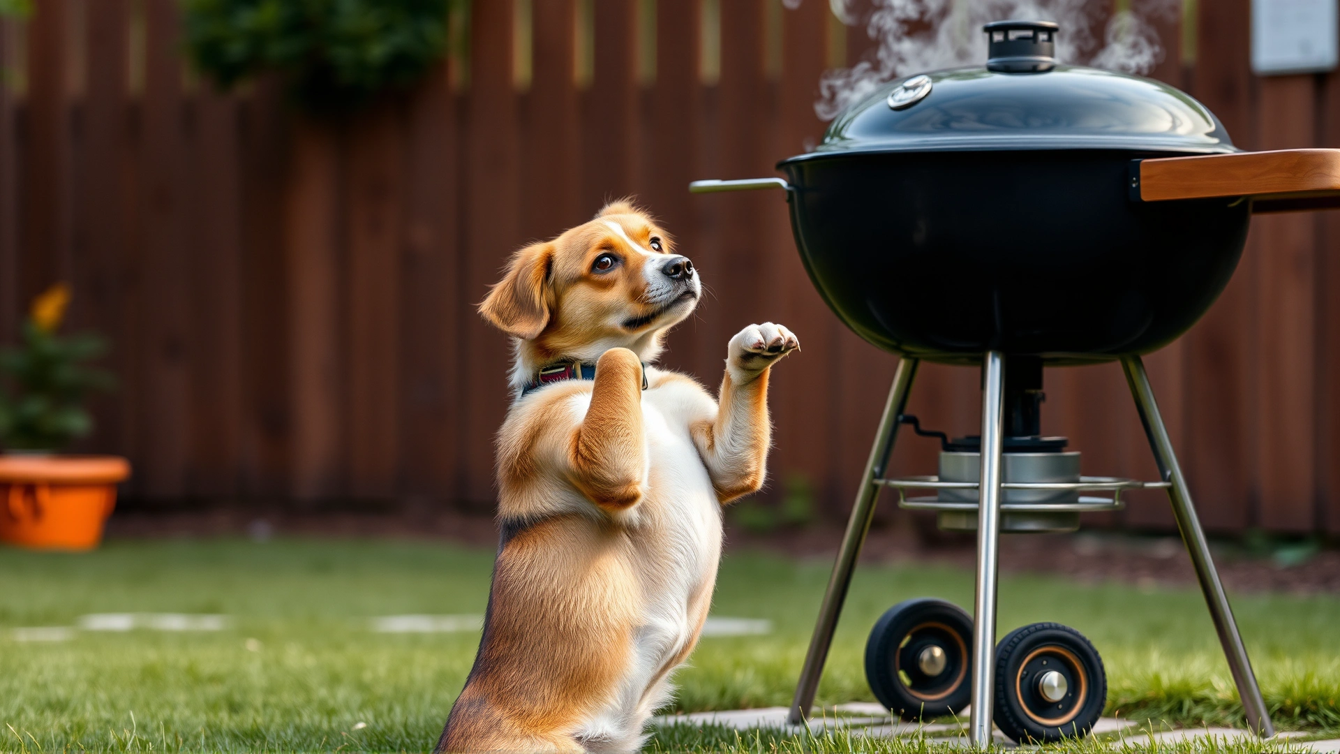 A curious dog standing on its hind legs sniffing near a backyard barbecue grill with light smoke rising, daytime outdoor setting.