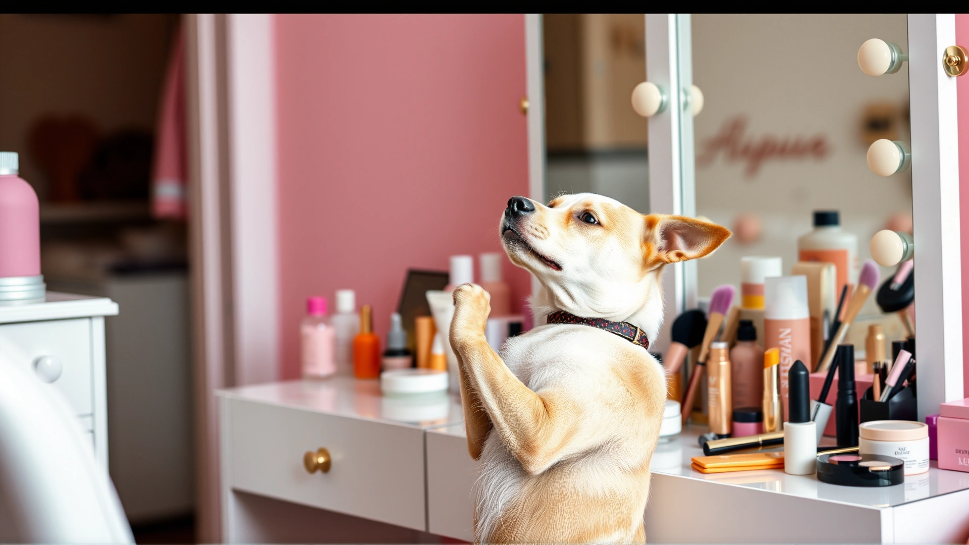 A playful dog standing on its hind legs sniffing a vanity dressing table covered with assorted cosmetics and beauty products, indoor scene with bright pastel colors.