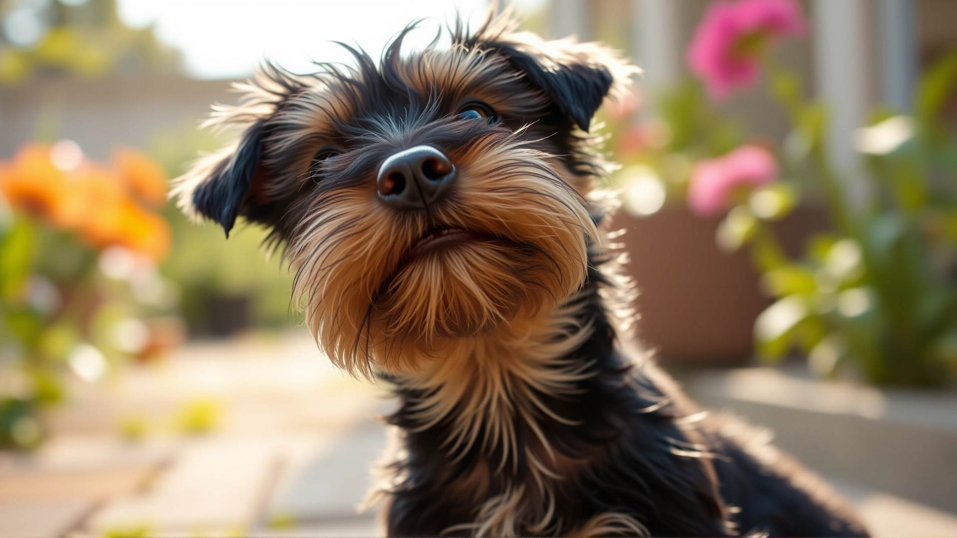 A close-up of a Jagdterrier puppy tilting its head with curiosity in a sunlit garden, blurred background.