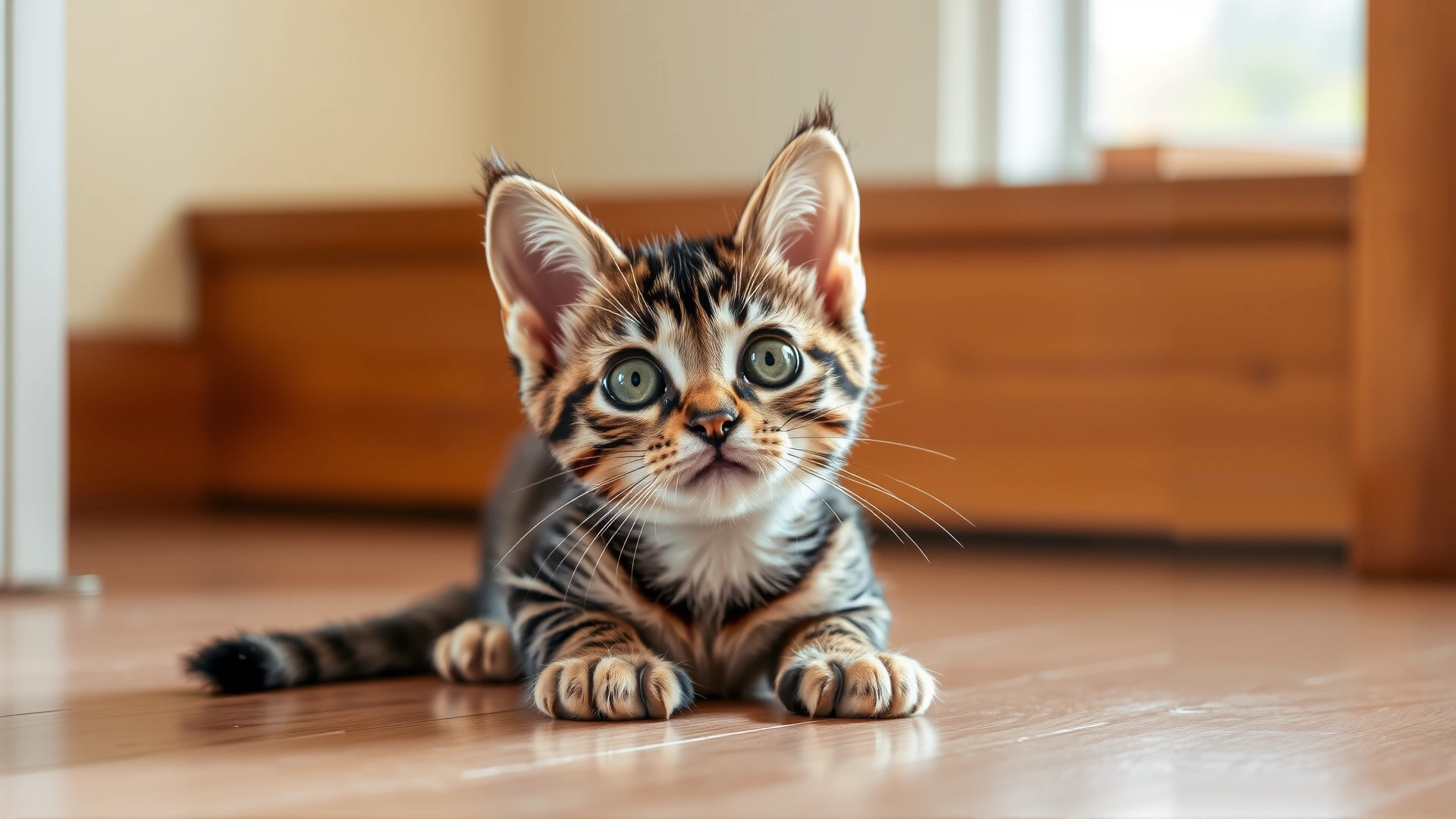 Playful short-haired tabby kitten sitting on a wooden floor and looking up with bright inquisitive eyes, soft natural lighting