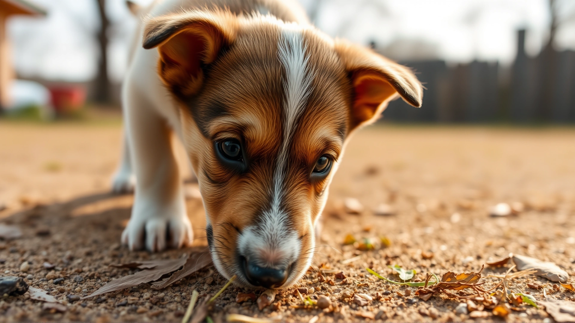 Close-up of a playful puppy sniffing the ground with a curious expression, outdoor setting, soft natural light