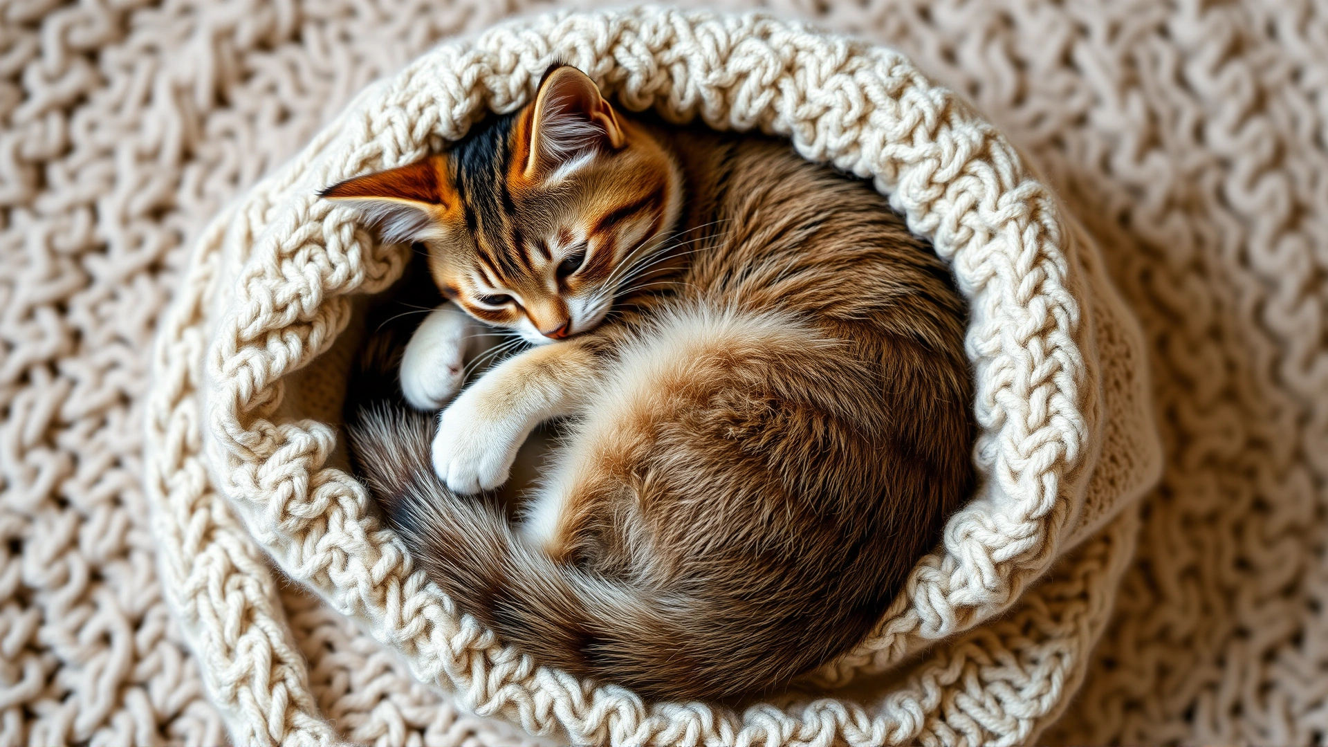 Cat curled tightly into a ball on a knitted blanket, tail wrapped around body.