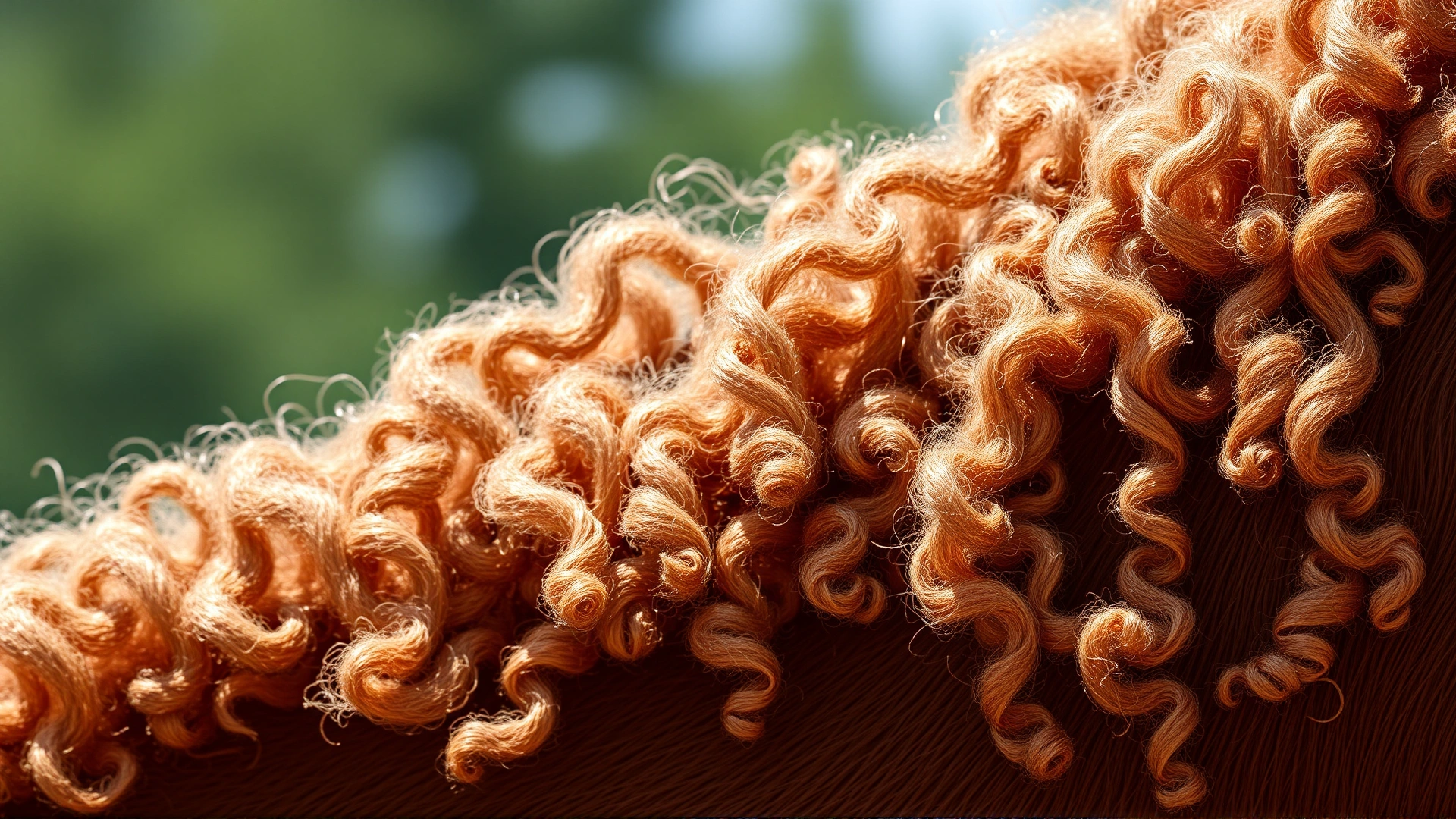 Macro close-up of a Bashkir Curly horse’s dense, ringlet curls on the neck and shoulder area, capturing texture and detail under natural light.