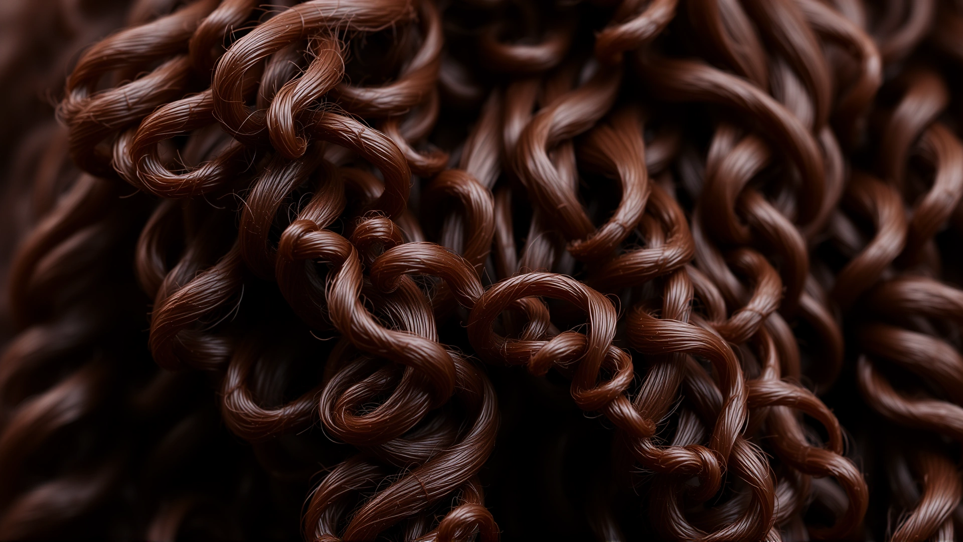 Close-up macro shot showing tight glossy liver-colored curls of an Irish Water Spaniel coat, highly detailed texture
