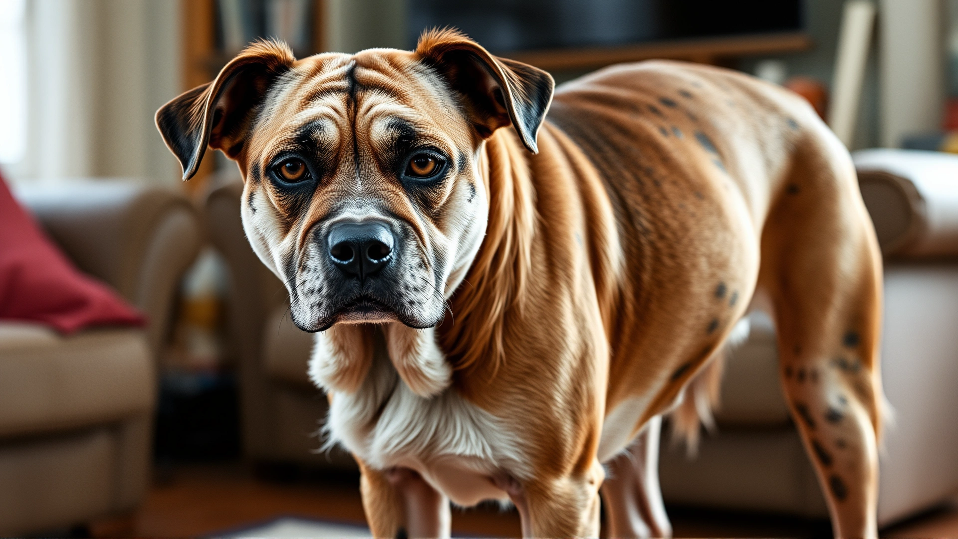Middle-aged dog with a pot-bellied appearance, thin fur patches, and a slightly tired look standing in a living room.