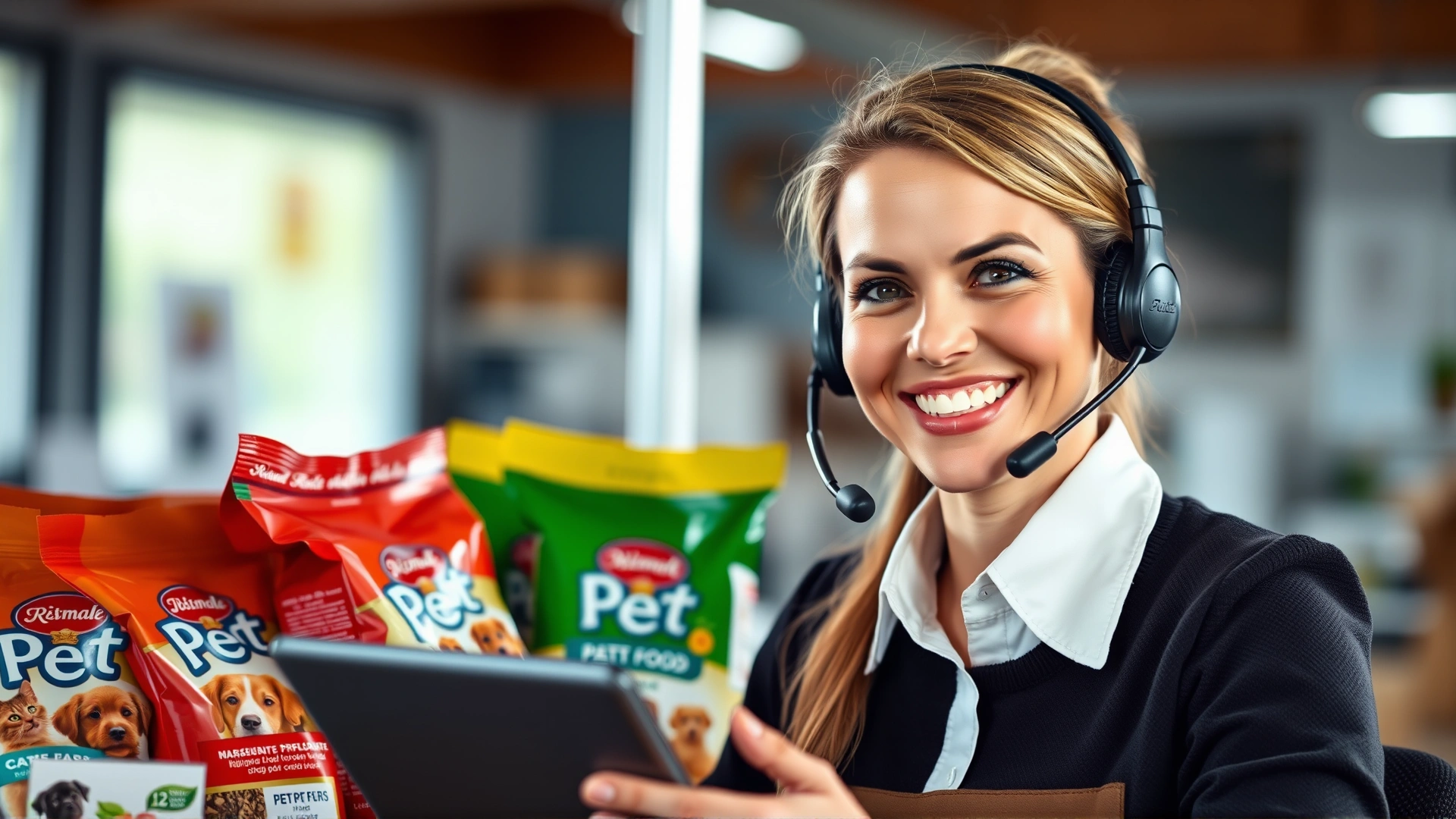 Smiling customer service representative wearing a headset, surrounded by pet food packages, assisting a client over the phone.