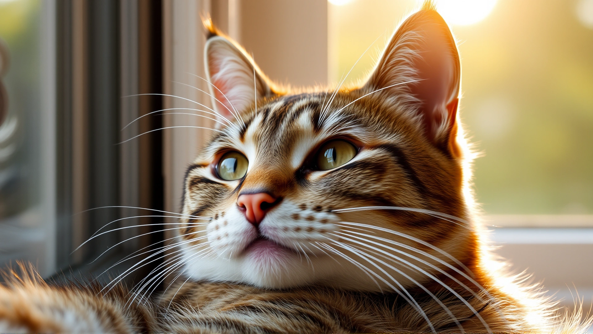 Close-up portrait of a tabby cat lounging by a sunlit window, soft natural light highlighting its whiskers