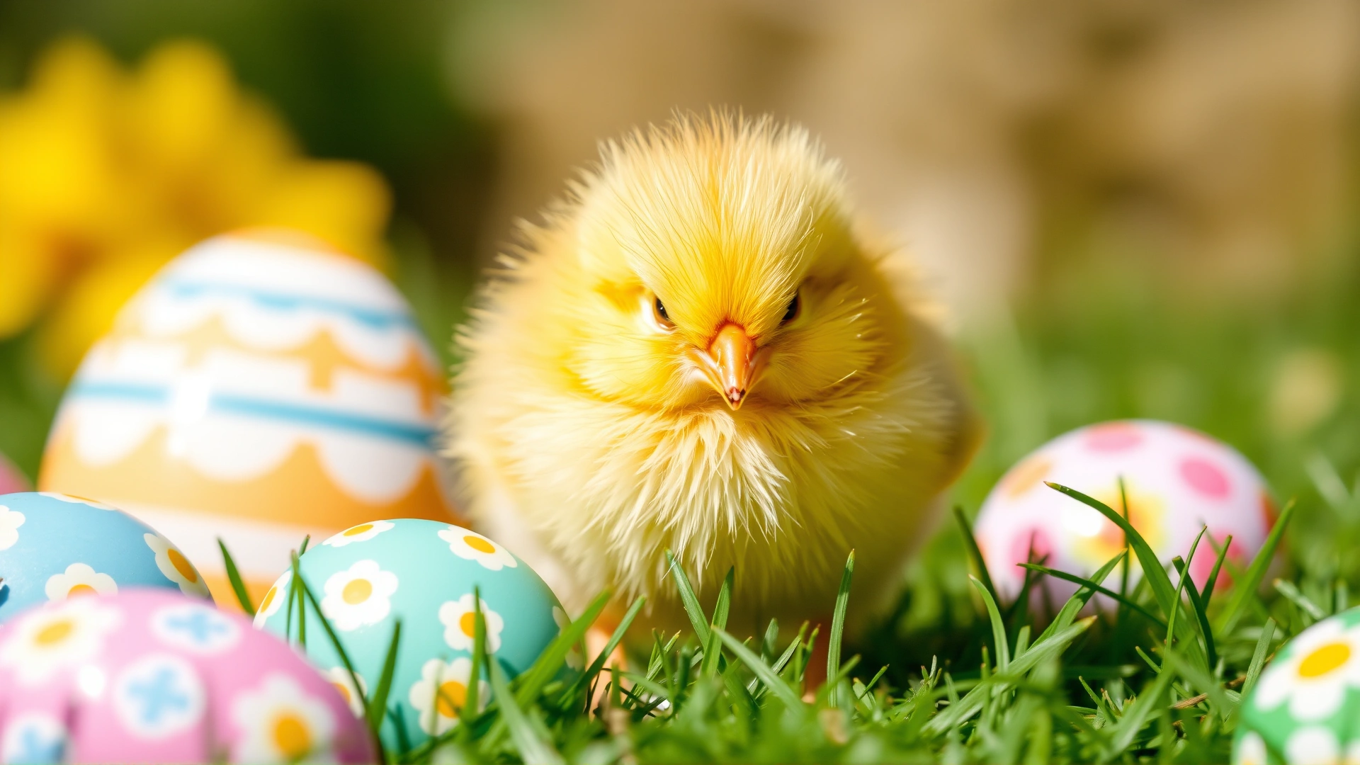 Close-up of a fluffy yellow chick standing beside colorful Easter eggs on fresh grass, bright natural lighting, shallow depth of field