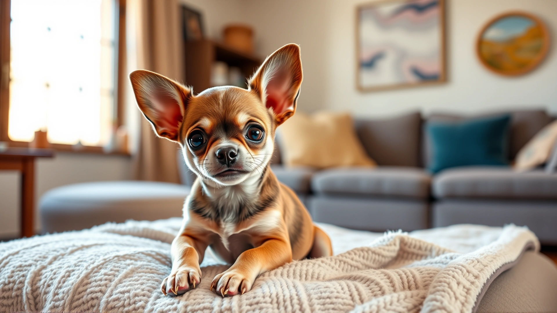 A playful Chihuahua puppy with oversized ears sitting on a soft blanket in a cozy living room setting, natural daylight through a window