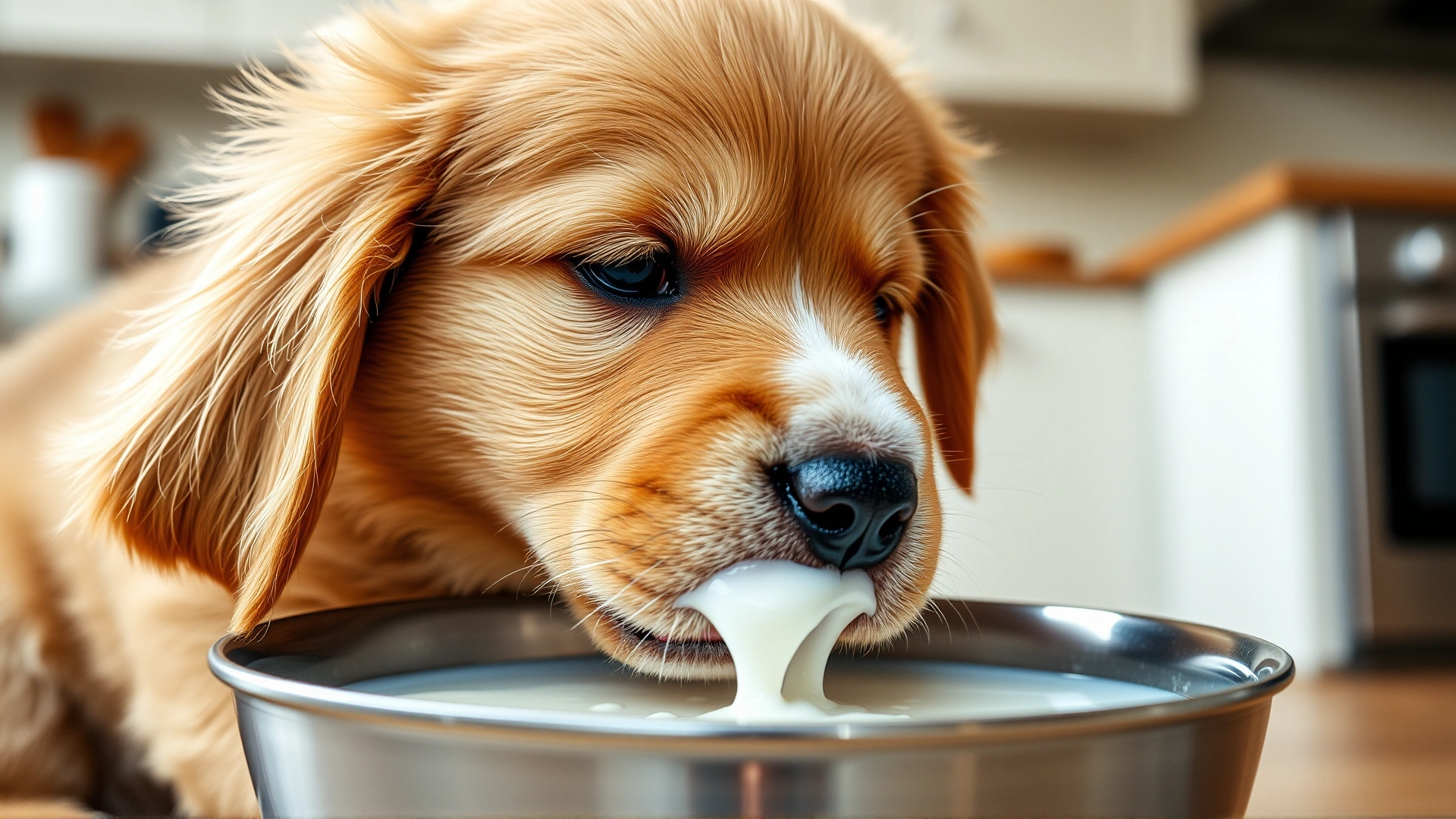Close-up of a golden retriever puppy happily lapping milk from a stainless-steel bowl, kitchen background, soft natural light.
