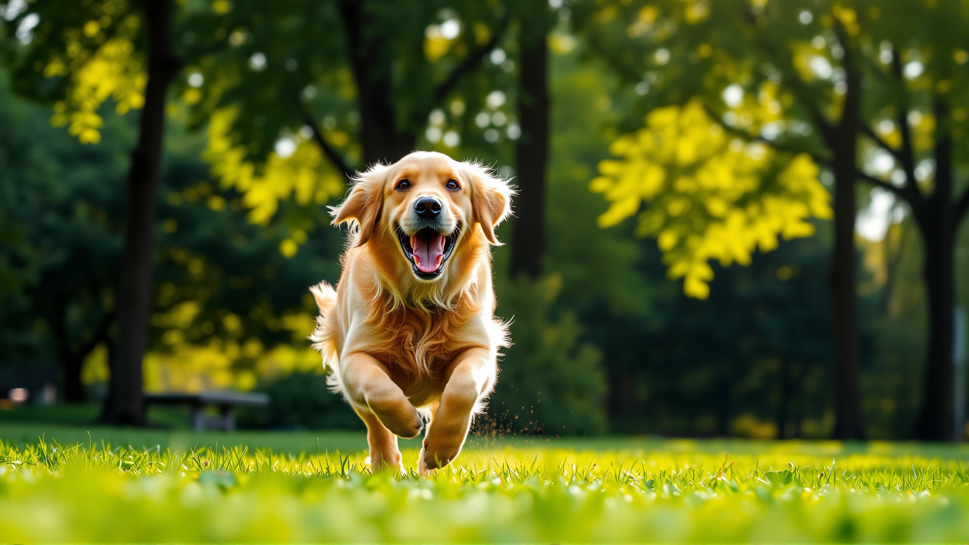 Golden retriever running toward the camera in a green park with sunlight filtering through trees, action shot, shallow depth of field