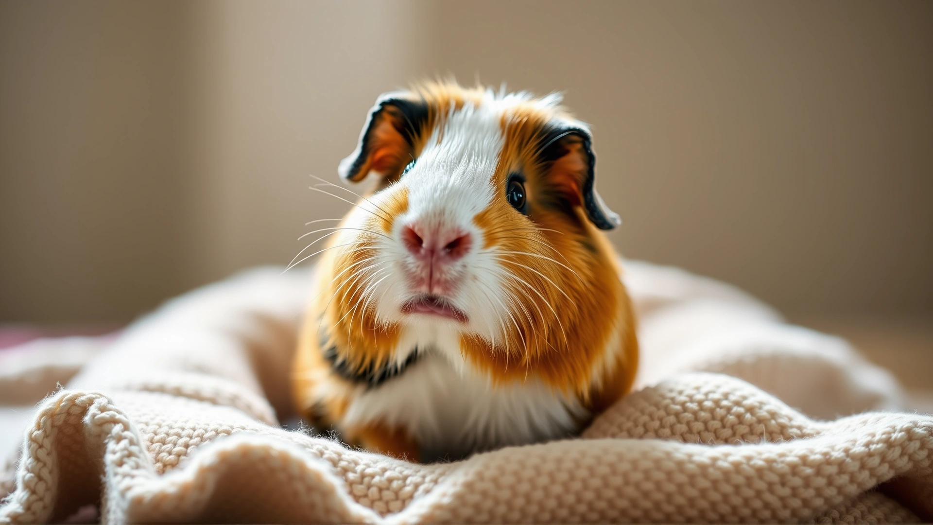 Adorable guinea pig sitting on a soft blanket, looking directly at the camera with bright eyes, natural lighting, shallow depth of field.
