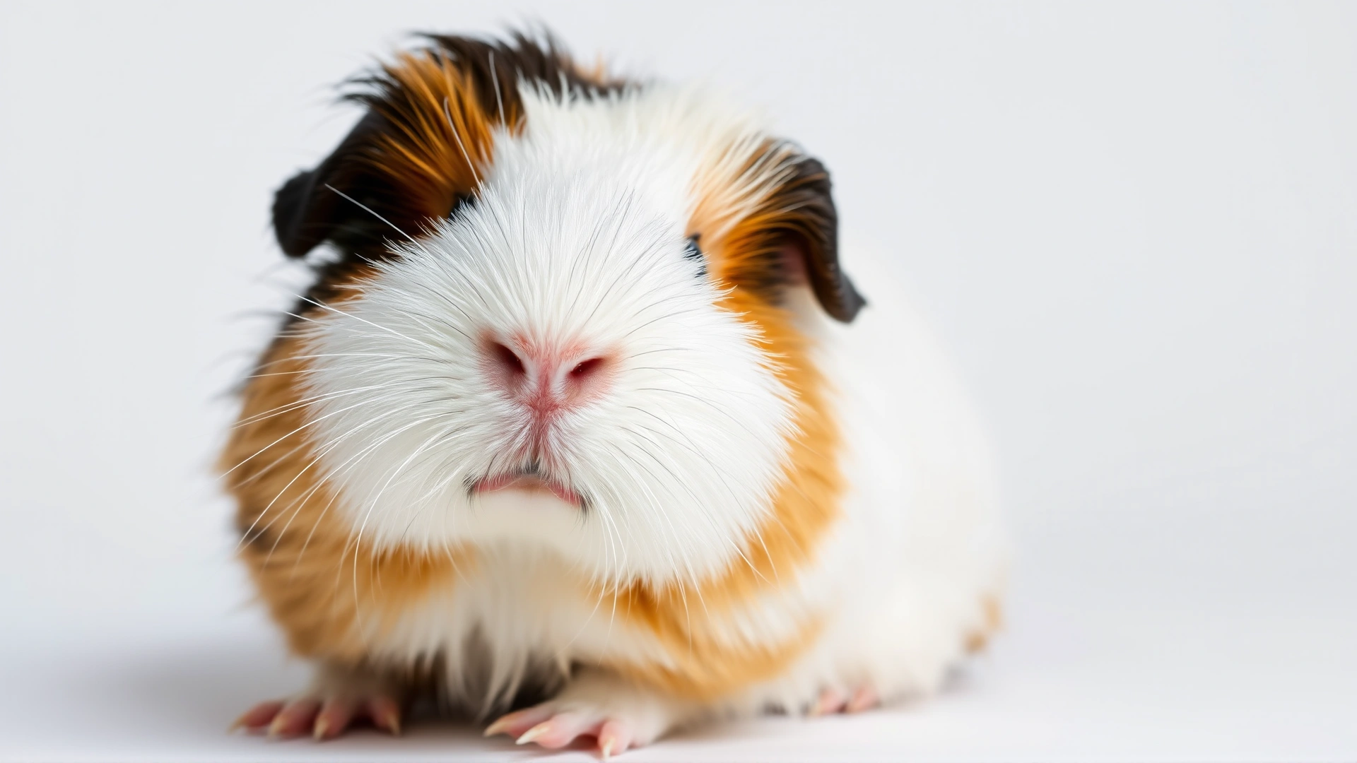 Close-up portrait of a fluffy tricolor guinea pig looking curious, isolated on a white background