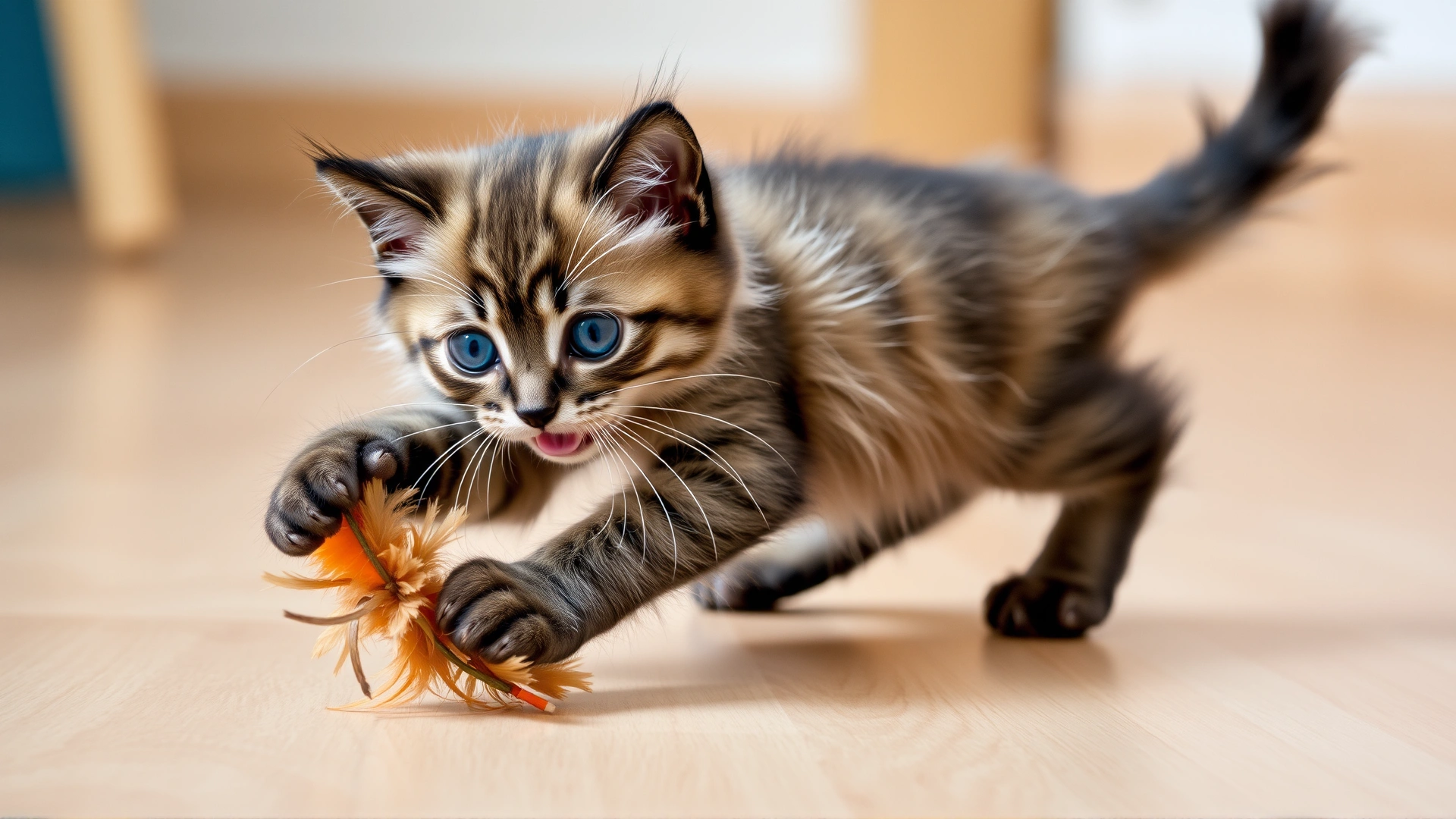Playful Bombay kitten pouncing on a feather toy on a wooden floor, embodying youthful energy.