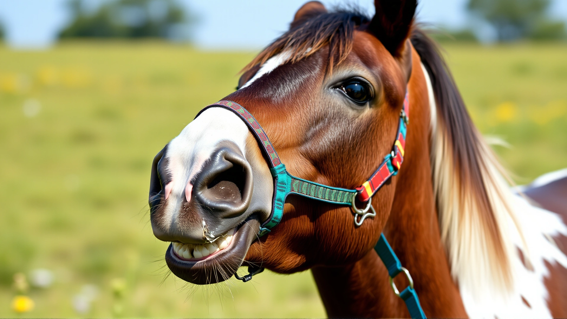 Close-up of a smiling American Miniature Horse with a colorful halter in a meadow