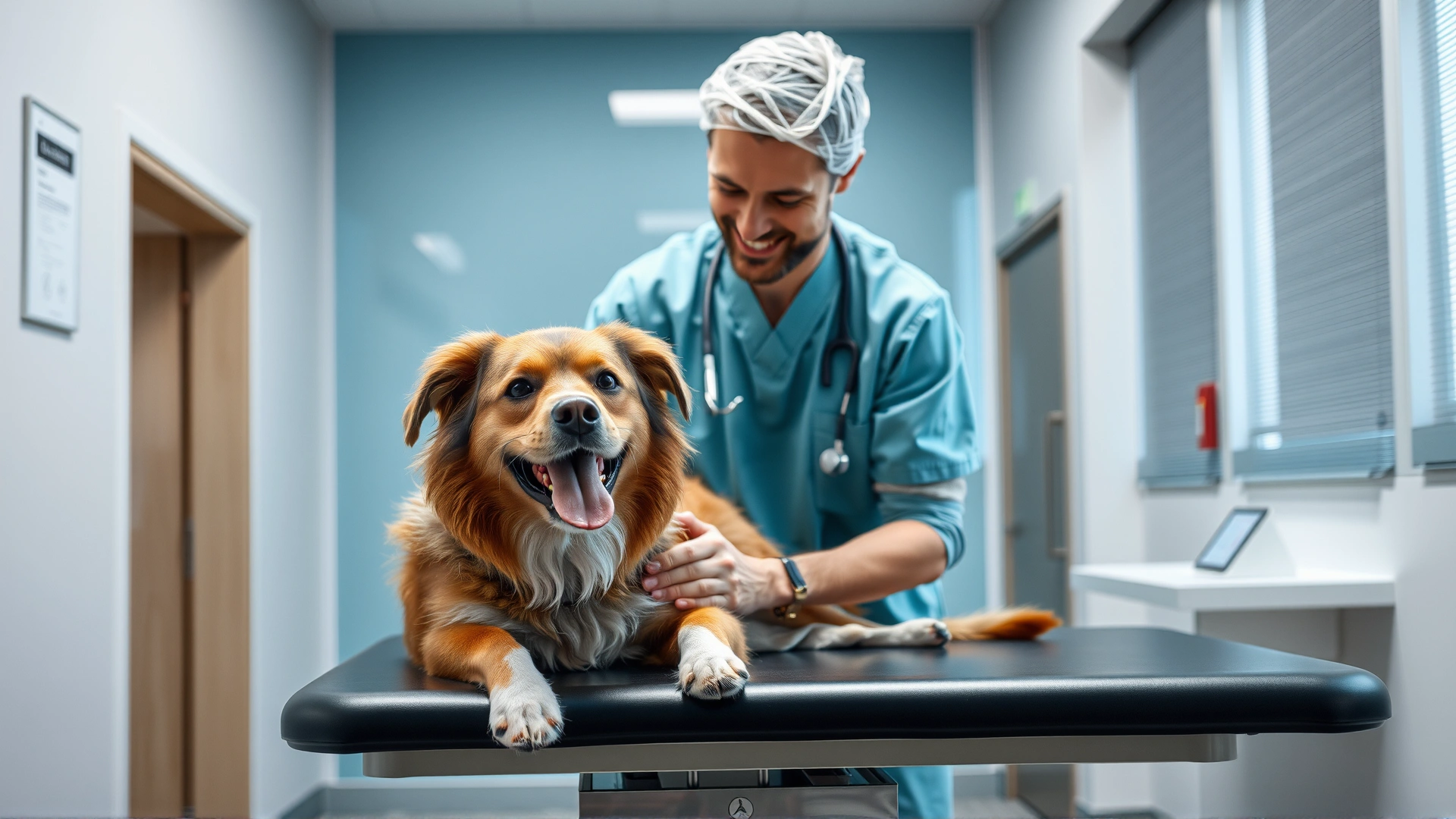 A friendly veterinarian gently examining a happy mixed-breed dog on an exam table in a well-lit modern clinic.
