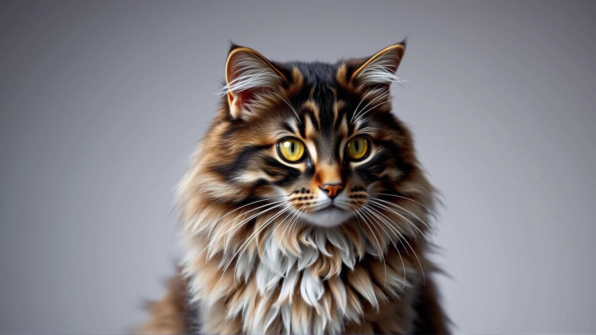 Portrait of an American Curl cat with medium-long silky coat and curled ears sitting against neutral background