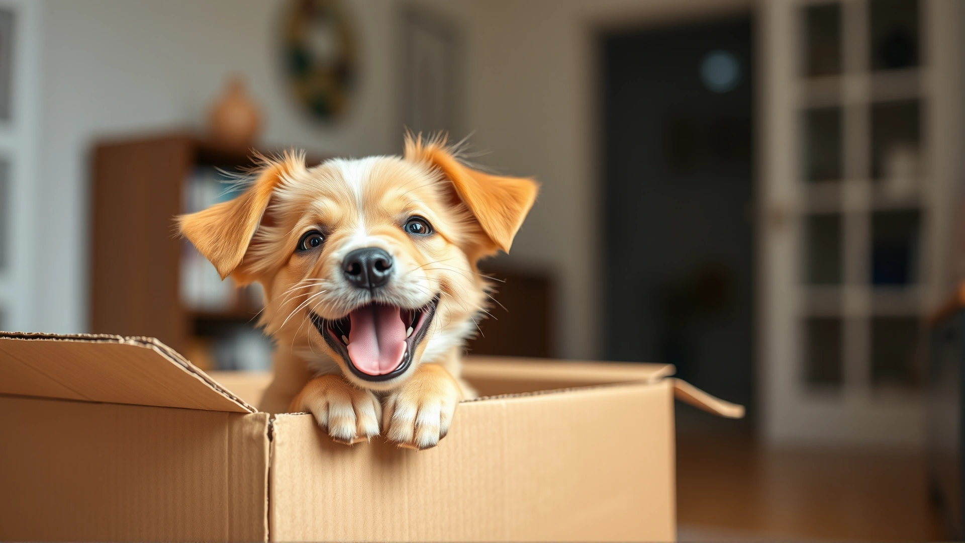 A cheerful puppy popping its head out of a cardboard moving box, conveying the excitement of bringing a new puppy home. Bright indoor lighting, shallow depth of field.