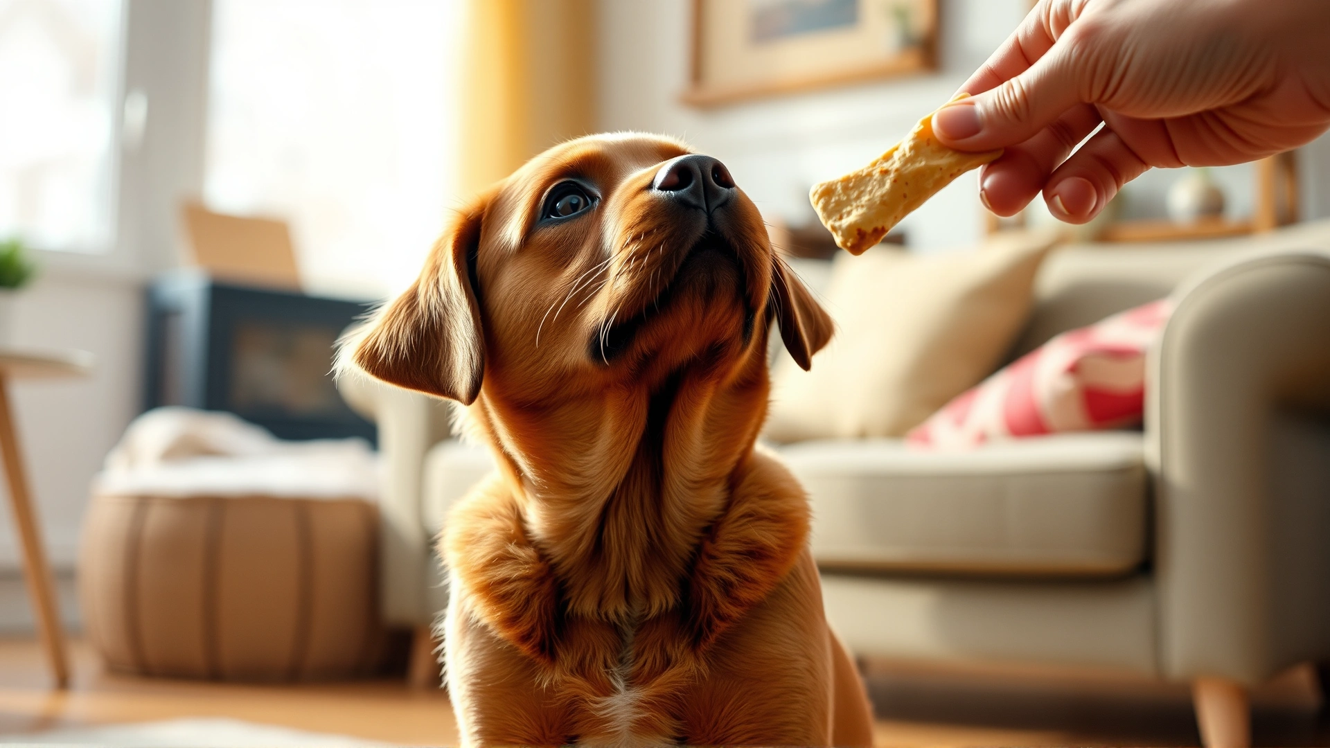 Playful Labrador Retriever puppy sitting in a cozy living room, looking up at a treat held just above its nose; warm indoor lighting, shallow depth of field