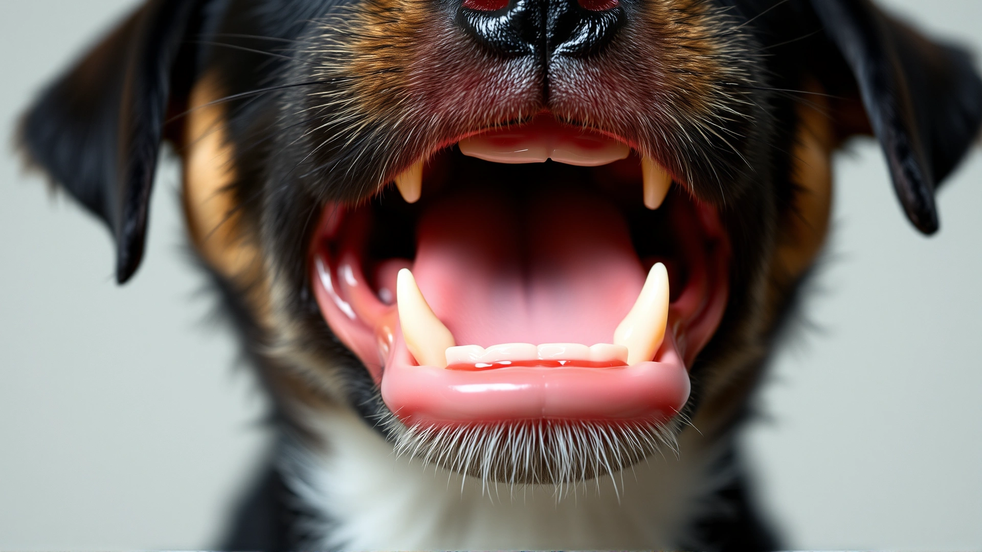 Close-up photo of a young puppy's open mouth showing emerging small baby teeth with a slight drool, neutral background