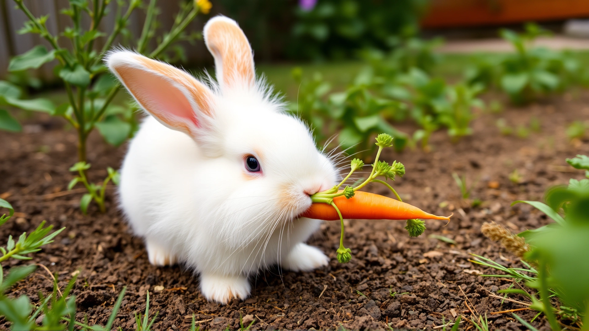 Fluffy white rabbit nibbling on a fresh carrot in a backyard garden setting with soft greenery