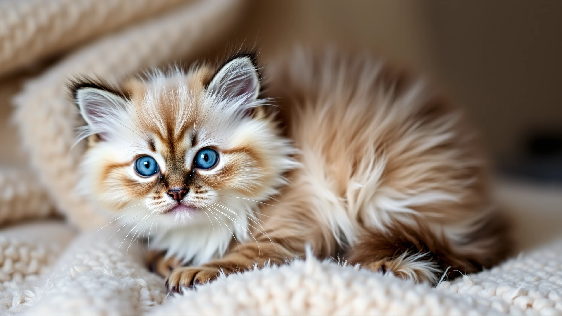 Close-up portrait of a fluffy Ragdoll kitten with bright blue eyes sitting on a soft blanket