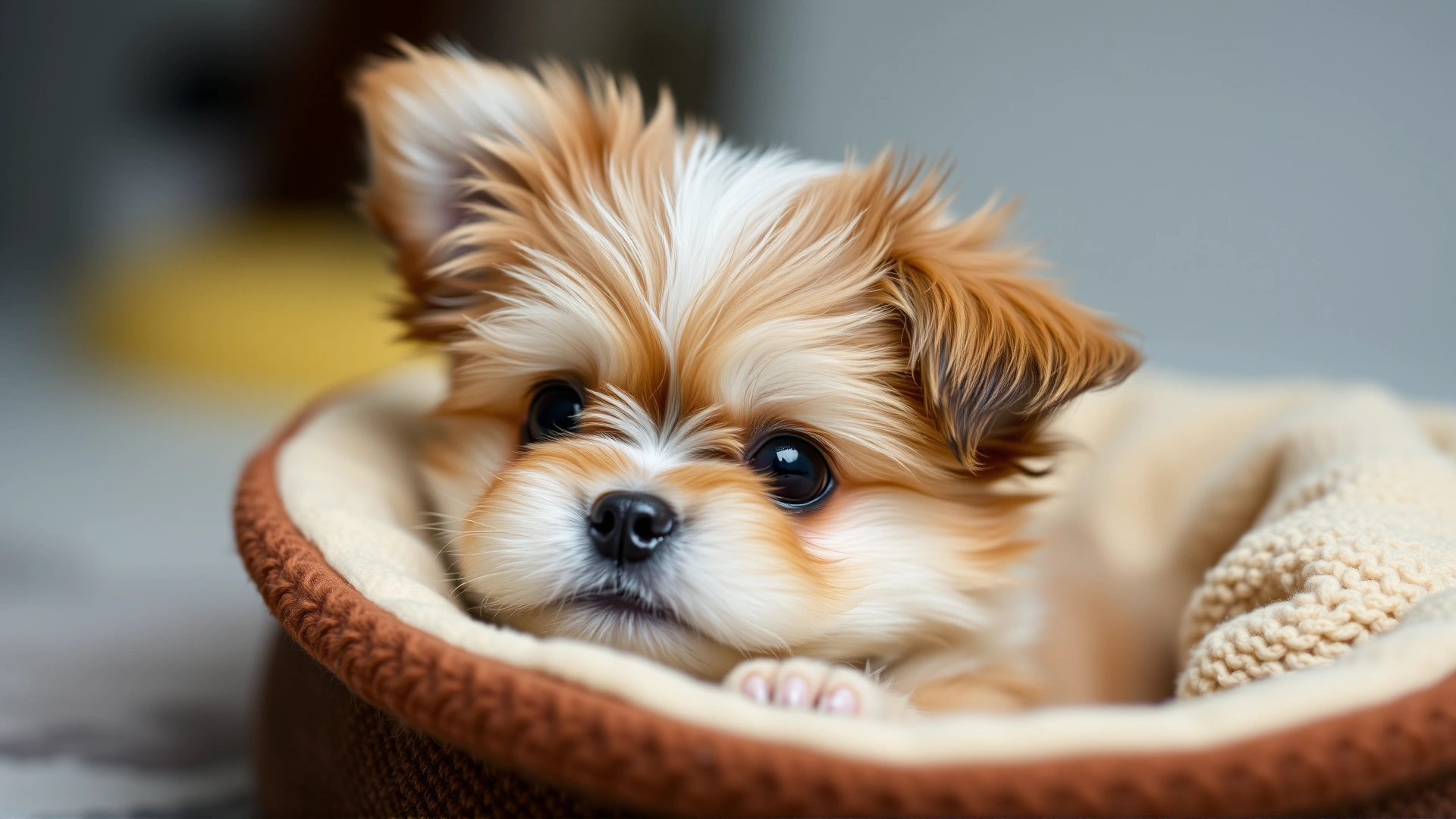 Close-up of an adorable Shichon puppy with big round eyes sitting in a cozy blanket.