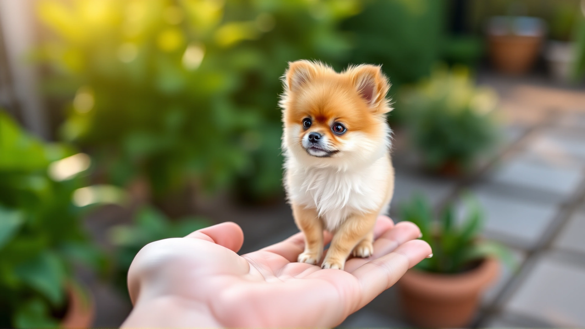 Tiny teacup Pomeranian standing in a person's palm with a blurred green garden background and soft natural light.