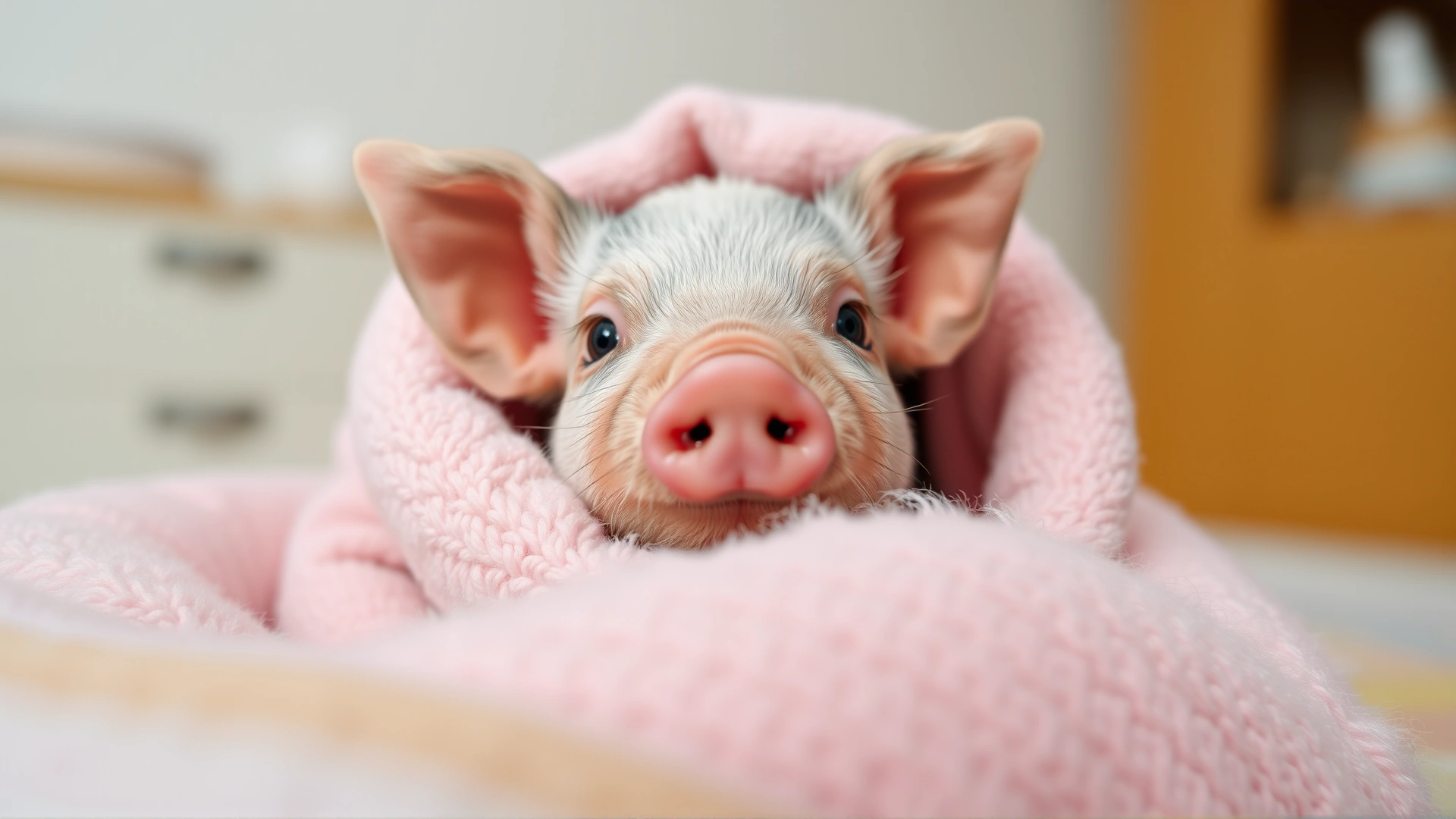 Close-up portrait of a tiny teacup piglet wrapped in a soft pastel-colored blanket, bright eyes looking at the camera, indoor setting, high-detail