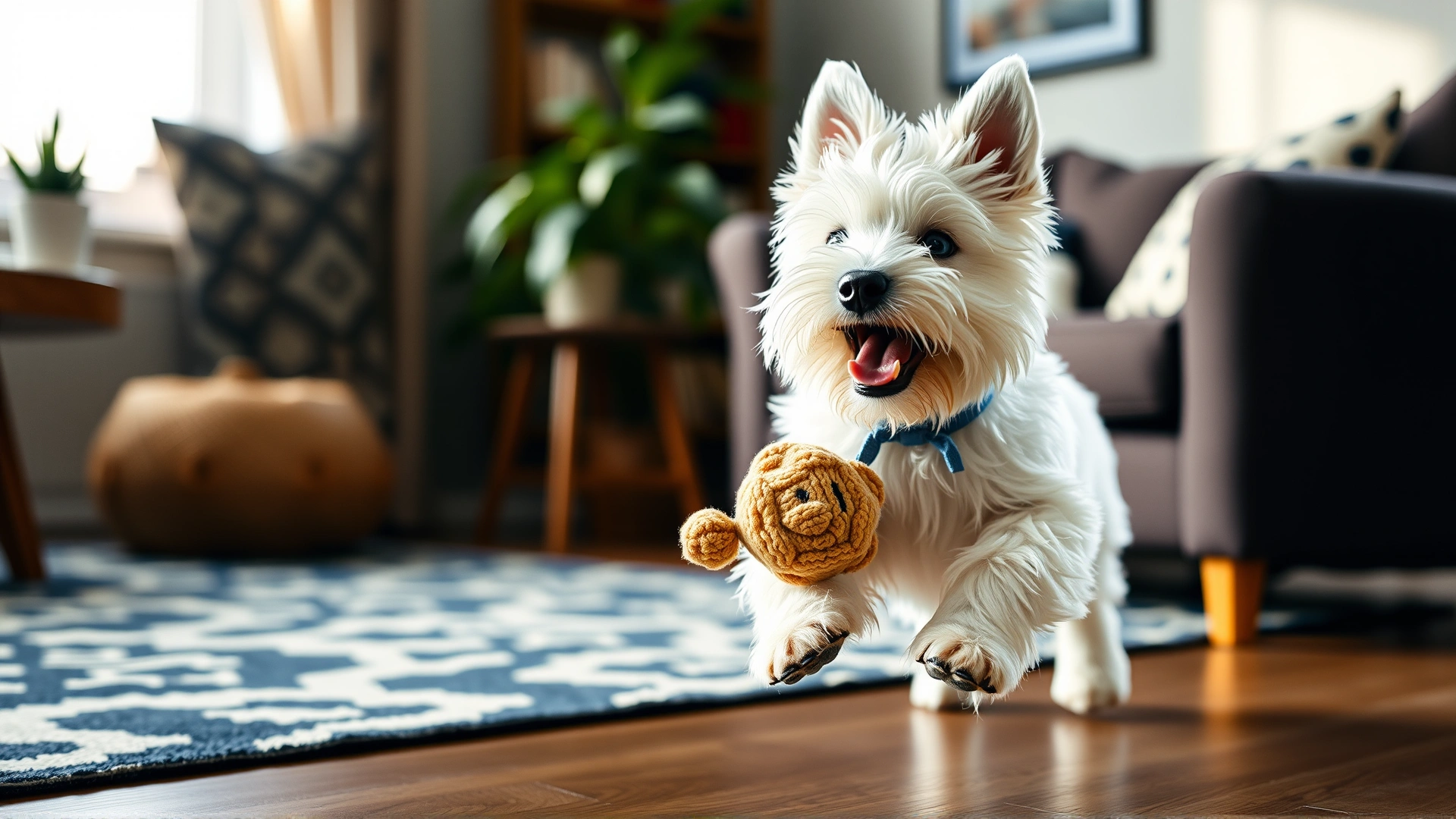 Playful Westie puppy running across a cozy living room with a soft toy in its mouth, natural lighting
