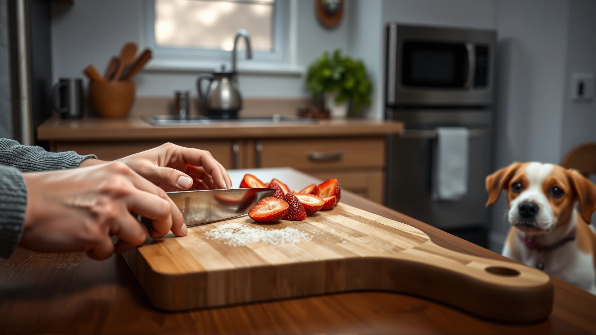 Human hands slicing strawberries on a wooden cutting board while a small curious dog watches, home kitchen environment