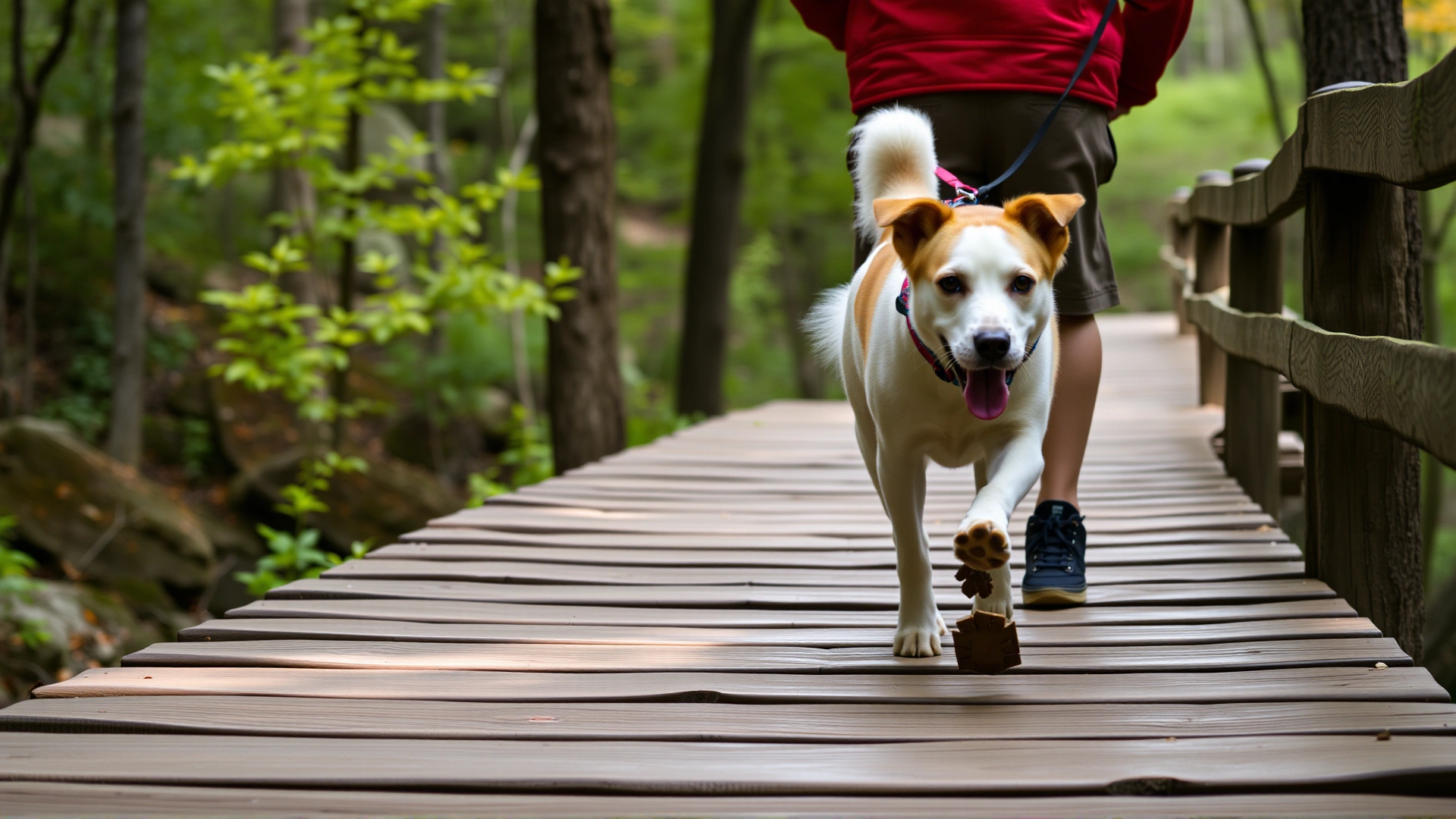 Dog and owner walking on the wooden boardwalk of the Ledges Trail in Cuyahoga Valley National Park.