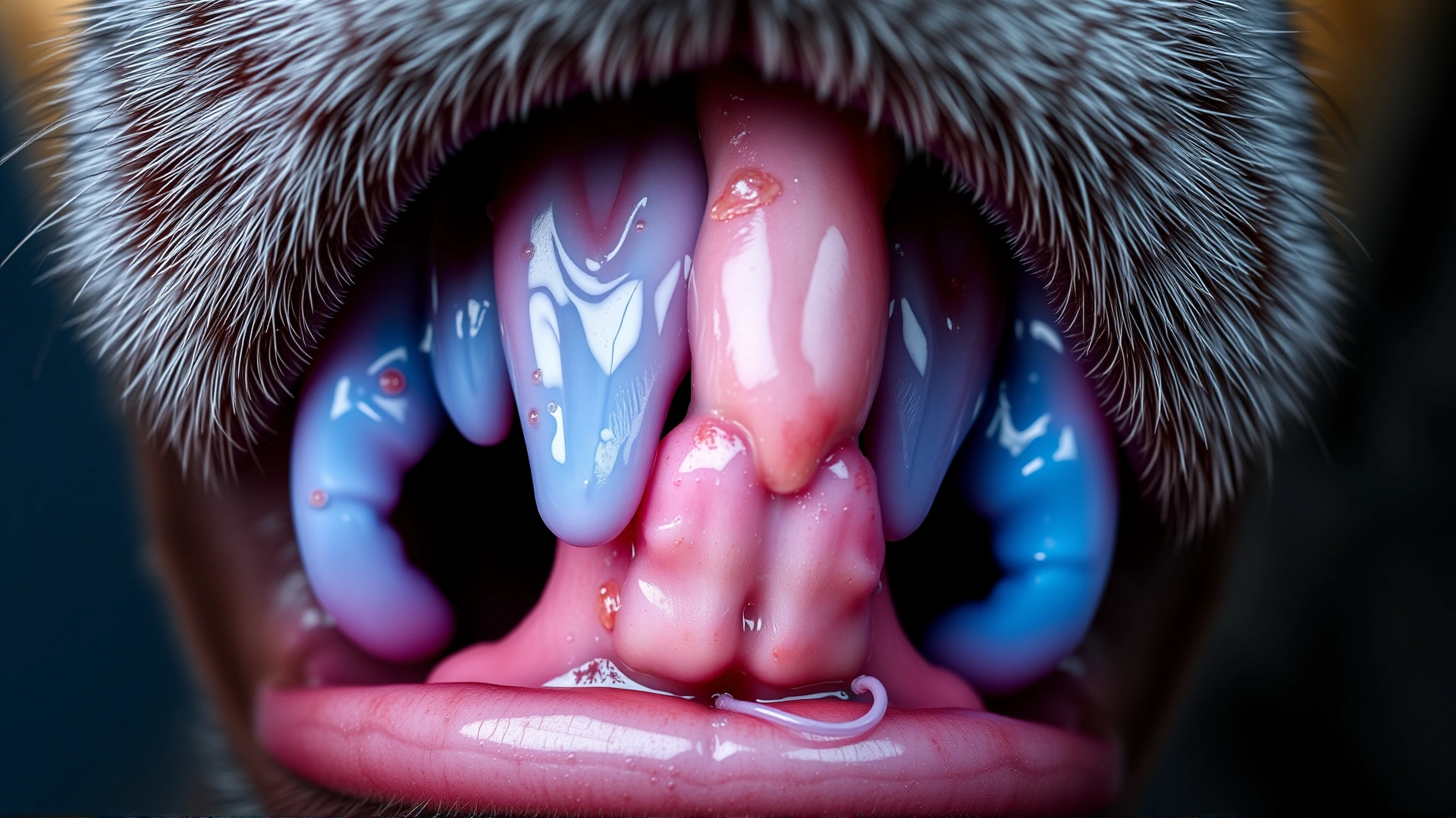 Macro image of canine gums with a blue-purple tint indicating cyanosis