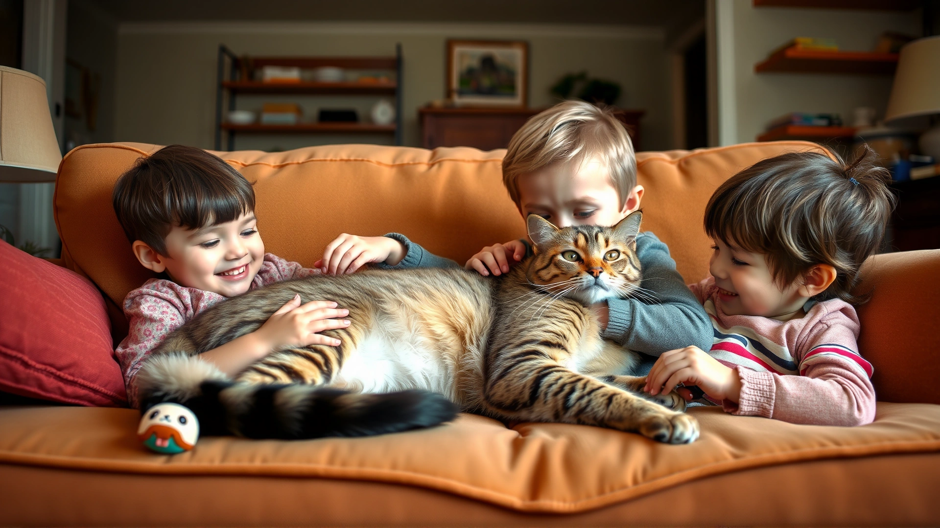 Cymric cat lounging on a sofa with two smiling children gently petting it in a cozy living room.