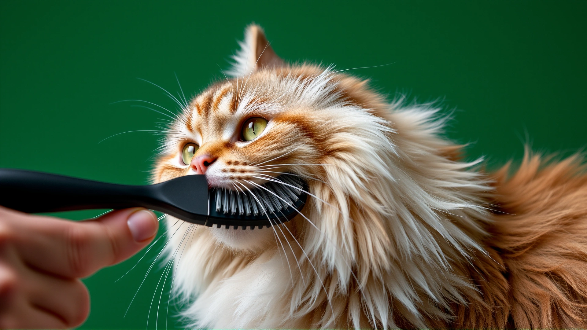 Close-up of a person gently brushing a Cymric cat's dense double coat with a slicker brush.