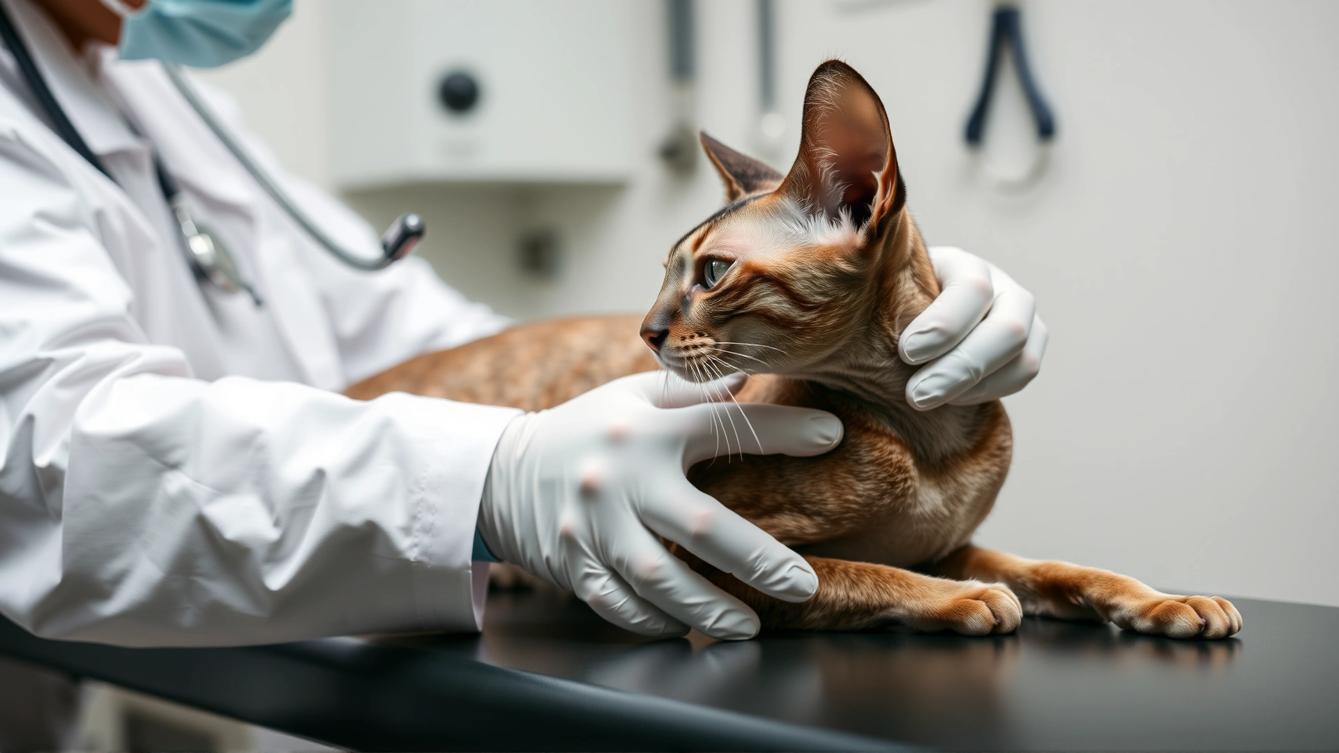Veterinarian examining the spine of a tailless Cymric cat on an exam table.