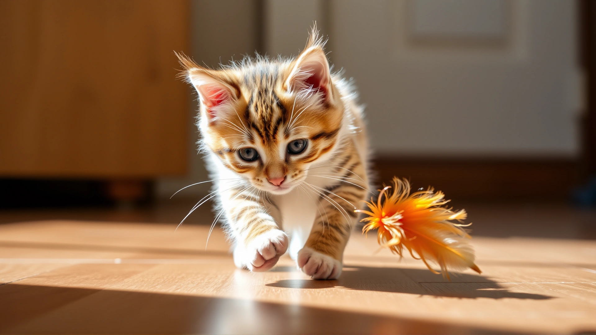 Playful Cymric kitten chasing a feather toy on a wooden floor in daylight.