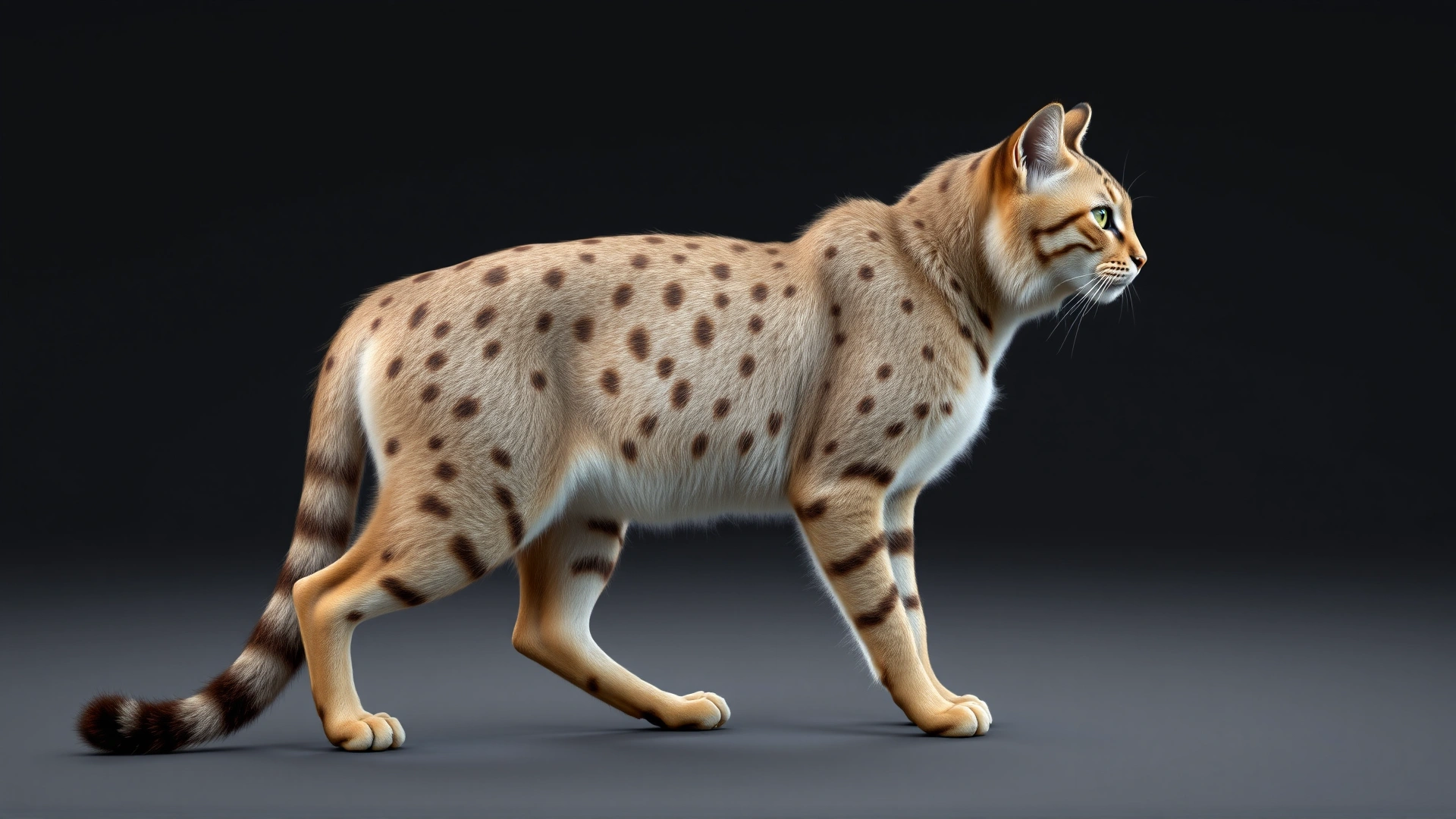 Full-body side profile of an adult rumpy Cymric cat standing, showing muscular hind legs and long fur.